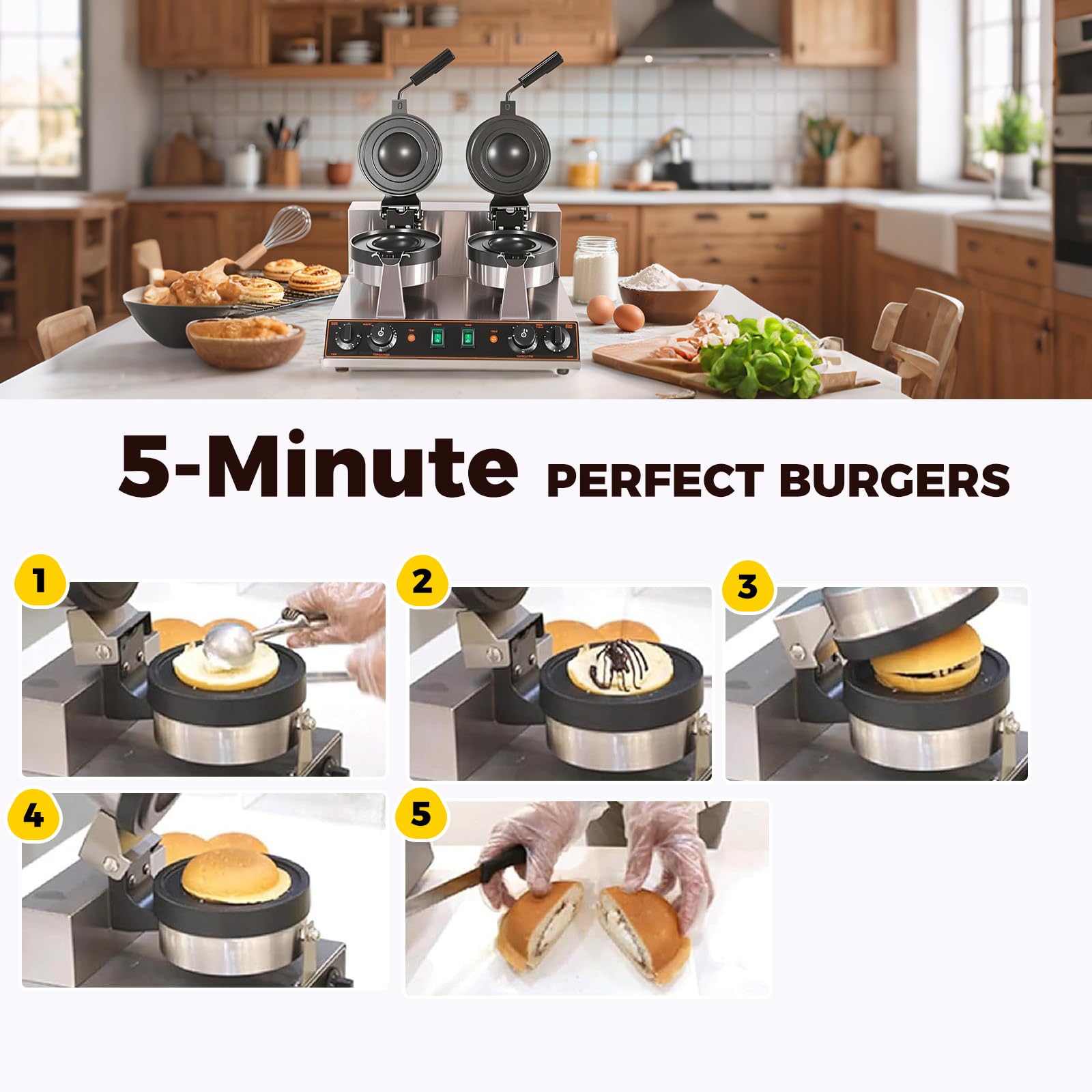 Disquera Pan Cubano Industrial Gofrera para Hamburguesas 50℃~300℃ Máquina para paninis Prensa de Hamburguesas Comercial para restaurantes/cafeterías/Camiones de Comida 4grids