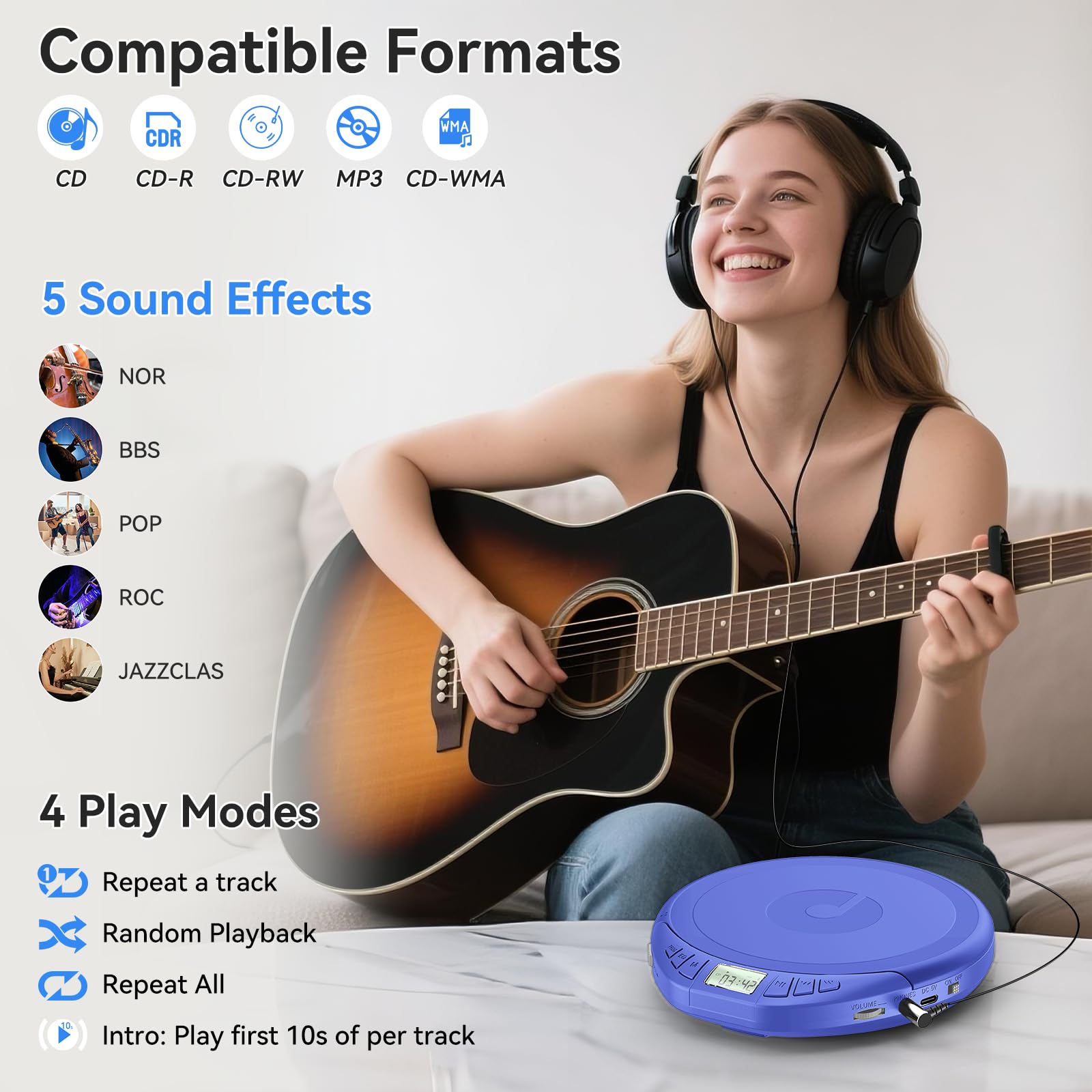 Gueray CD Spieler Tragbarer CD-Player Persönliche CD Players mit Kopfhörer LCD Display Anti-Skip Schutz HiFi Klassischer CD Musikplayer PROG-Speicherfunktion CD-Players für Auto Zuhause (Blau)