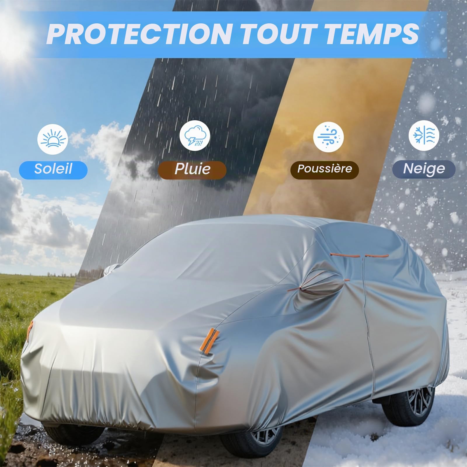 Favoto Bâche de Voiture Imperméable 210D Oxford - Housse Auto Anti-UV Résistante au Vent Respirante avec Fermeture Éclair Latérale et Bandes Réfléchissantes pour SUV 450-475cm