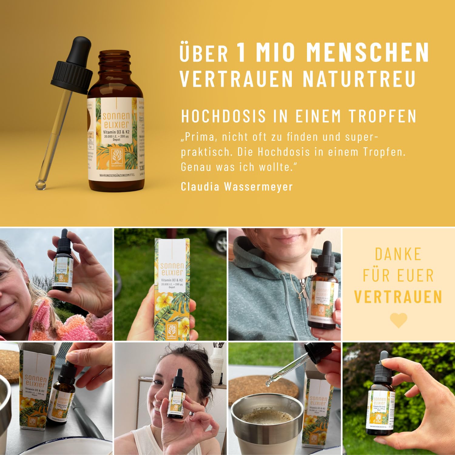 NATURTREU® Vitamin D3 K2 Tropfen hochdosiert & vegan - 20.000 I.E Vitamin D3 + K2 MK7 200 mcg pro Dosis (Depot)