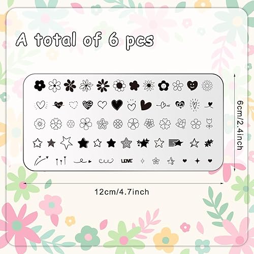 Miniatura 2 de Whaline Juego de 6 placas de uñas preppy, diseño de corazón, flor, mariposa, estrella, sonriente, placas de arte de uñas para bricolaje, diseño de