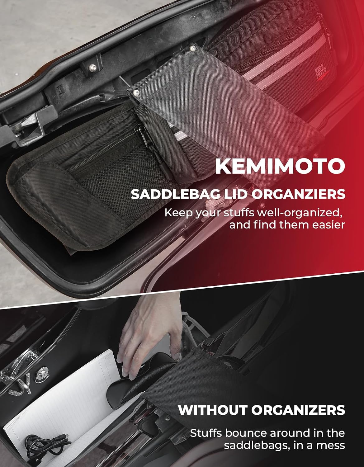 KEMIMOTO Upgraded Saddlebag Lid Organizers 2 Pack Compatible with Touring 1980-2024 2025 for Street Glide Road King Road Glide FLT FLH Black