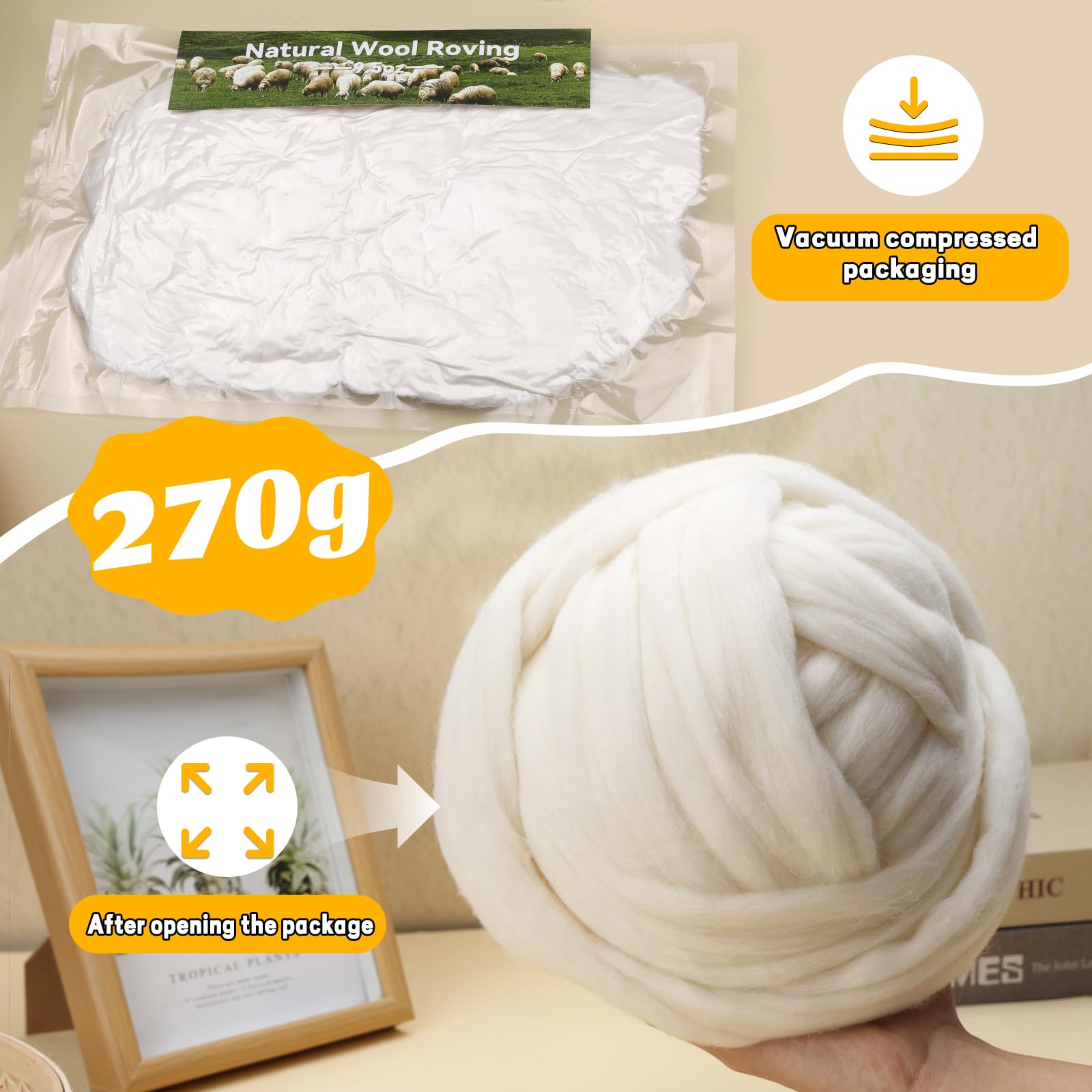 MORFEN Lana de 9.5 onzas, lana de fieltro con aguja, lana pura, hilo de lana, fieltro de aguja, hilo de fibra adecuado para suministros de fieltro de lana, materiales de manualidades (blanco