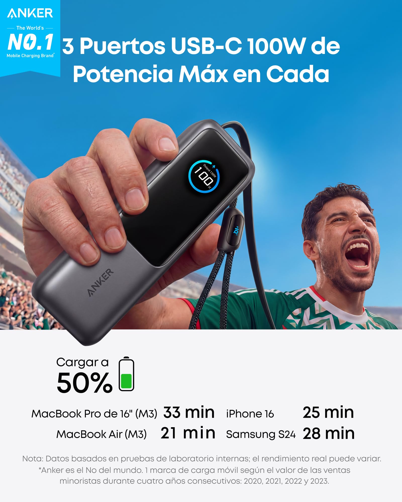 Anker Power Bank para Laptop de 25000 mAh con 3 Puertos USB-C de 165W & Cable USB A a USB C (2 Unidades, 10 pies, Negro)