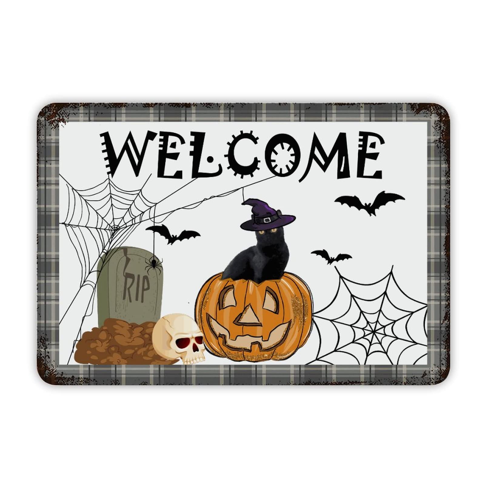 ENEDNATE Farmhouse Man Cave Metal Sign Happy Halloween Witch Hat Cat Pumpkin Welcome Retro Aluminum Tin Metal Signs for Indoor & Outdoor Yard Office Kitchen Living Room Door Home Décor 8x12 Inch