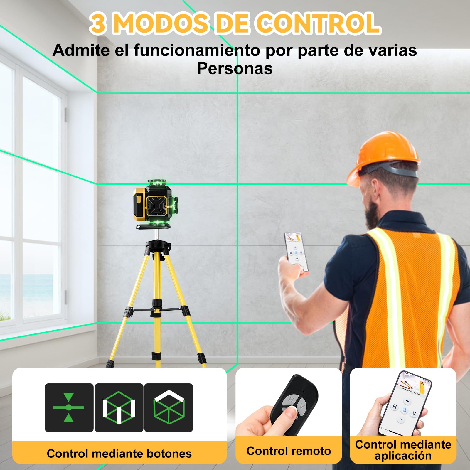Nivel Laser Autonivelante 360 Grados, Nivel Láser Verde 16 Líneas, Línea Verde Cruzada Horizontal y Vertical Con 2 baterías de 3600 mAh y trípode telescópico, IP54, para Obras, Interiores