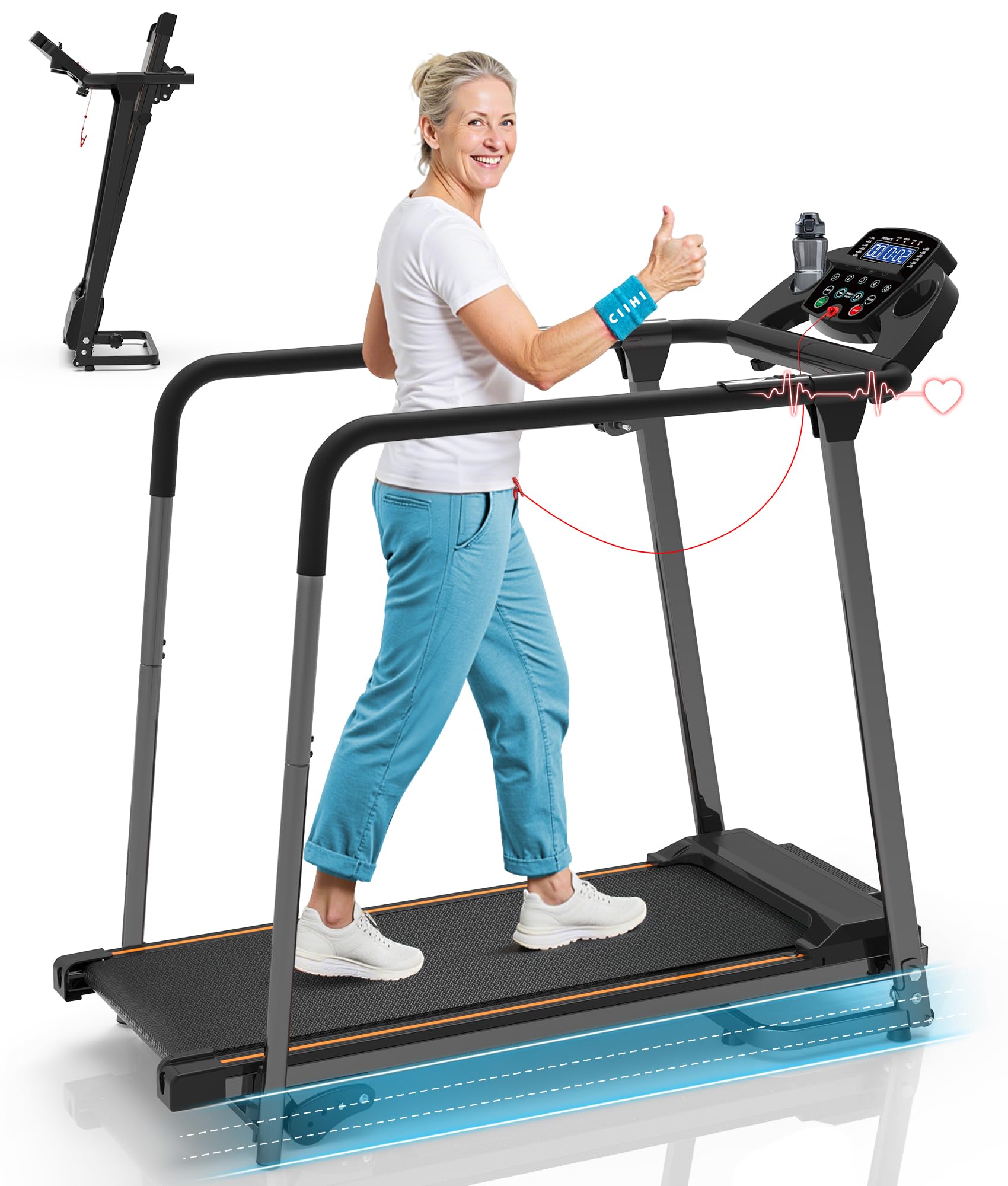 CIIHI Laufband für Zuhause mit Handlauf für Senioren – Laufband Klappbar 150kg Tragkraft, 0-2% Steigung, Auto-Schmierung, Stummschalt- & Schnellwahltasten, für ältere Menschen & Rehabilitation | 150kg Tragkraft, 0-2% Steigung, Auto-Schmierung, Stummschalt