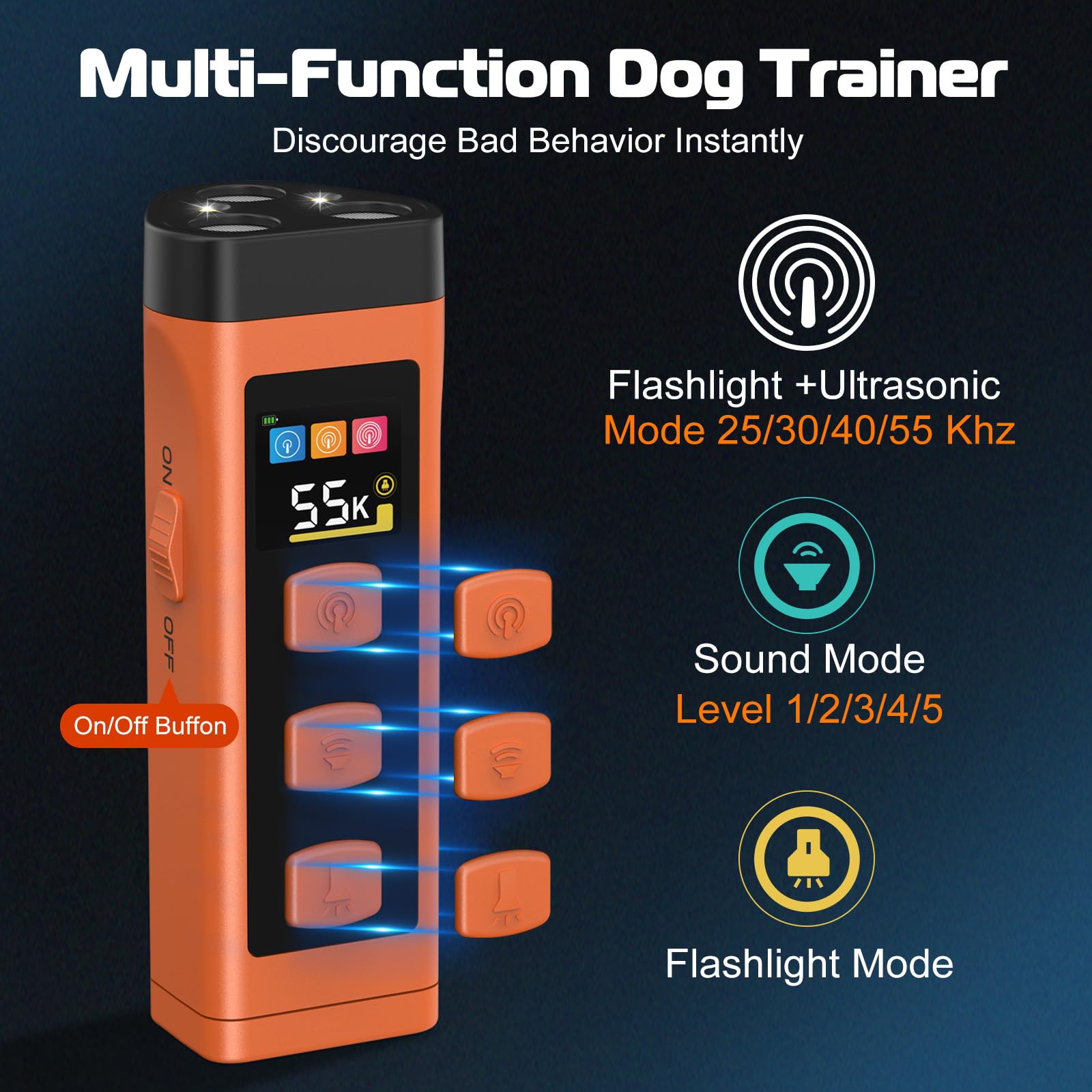 Juego de 2 dispositivos antiladridos para perros con pantalla a color, recargable, 2000 mAh, con 4 ajustes de frecuencia (25/30/40/55 kHz), alcance de 20 m, seguro y eficaz para su uso en