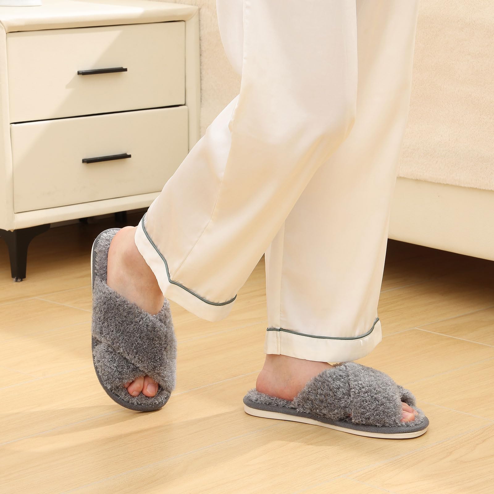 Evshine Women's Fuzzy Slippers Cross Band Memory Foam House Slippers Open Toe: 10-11 Cherry Velvet Grey
