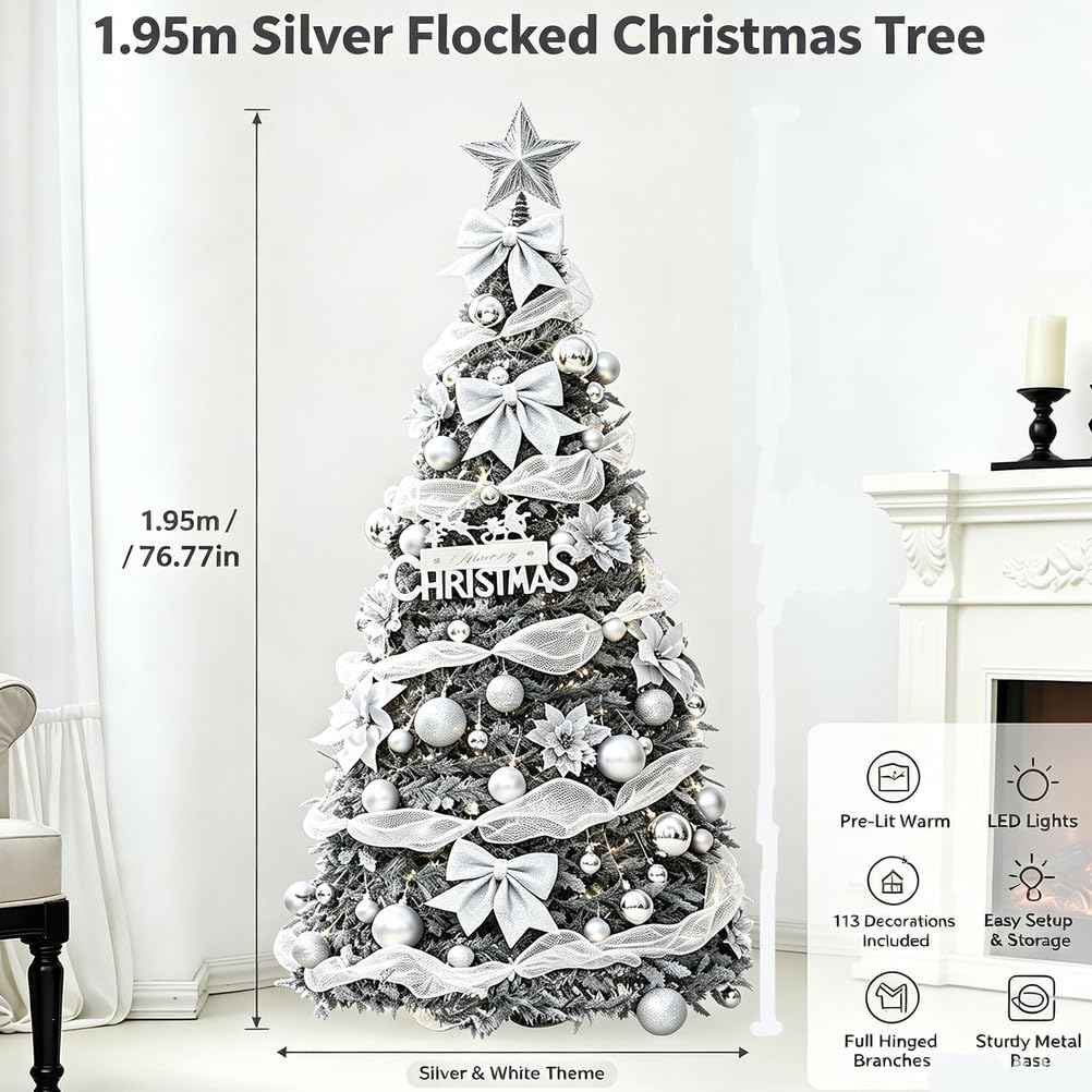 1,95m Silber flockig klappbar teleskopisch Christbaum Fernbedienung Licht