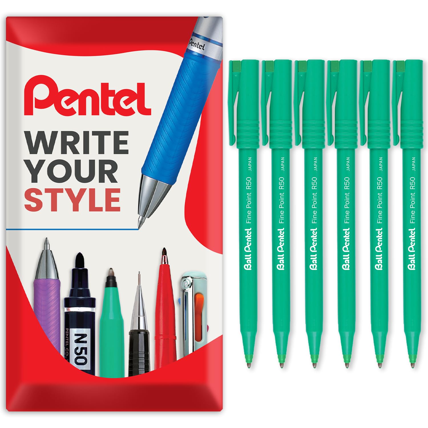 Pentel R50 Fine Point Liquid Ink Rollerball Pens - 0.8mm Tip 0.4mm Line Width - 77% Recycled - Green Ink - Pack of 6 in Envelope Gift Packaging โ image 1