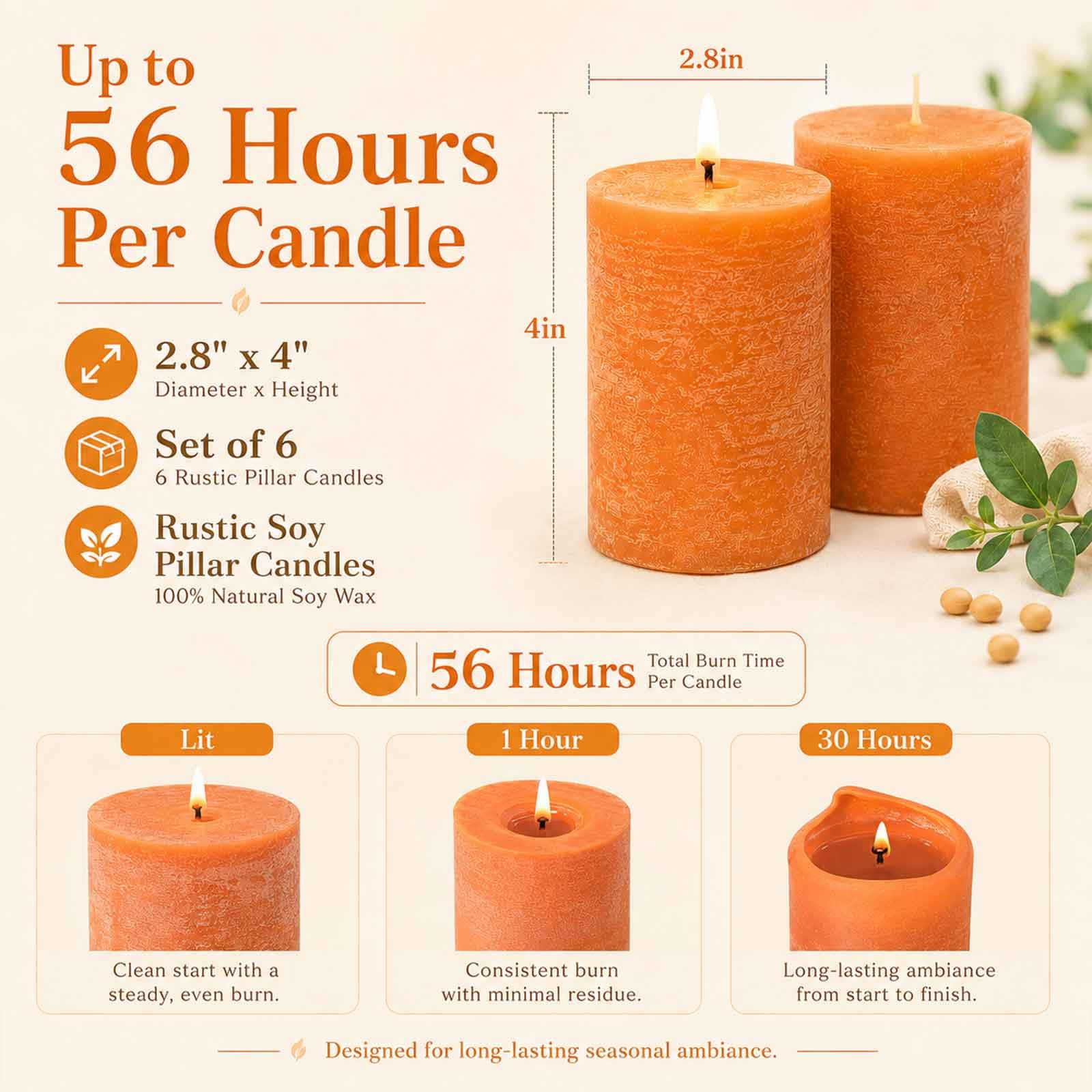 Paquete de 4 velas de soja blanca, velas de soja natural, 55 horas de duración, sin perfume, sin goteo y sin humo, color naranja quemado rústico, para mesa de comedor, boda, hogar, 2.8 x 4 pulgadas