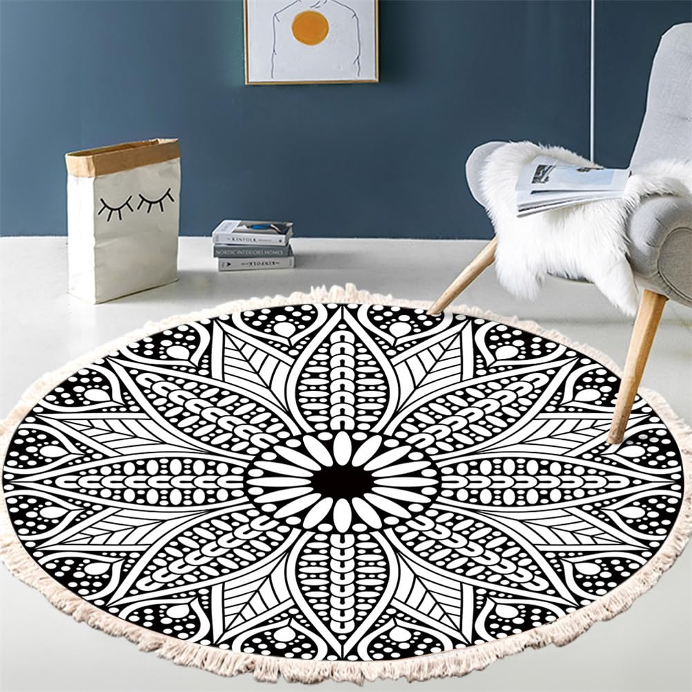 Tapis mandala bleu 60 cm en coton lavable avec franges pour chambre
