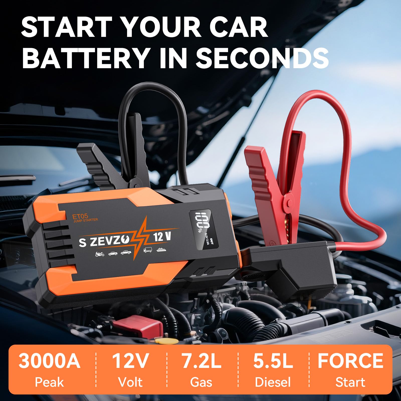 S ZEVZO ET05 Jump Starter 3000A Portable Car Jump Starter Battery Pack (7.2L Gas/ 5.5L Diesel), 51.8Wh 12V Jump Box with USB Ports, LCD Display and 3 Modes Flashlight