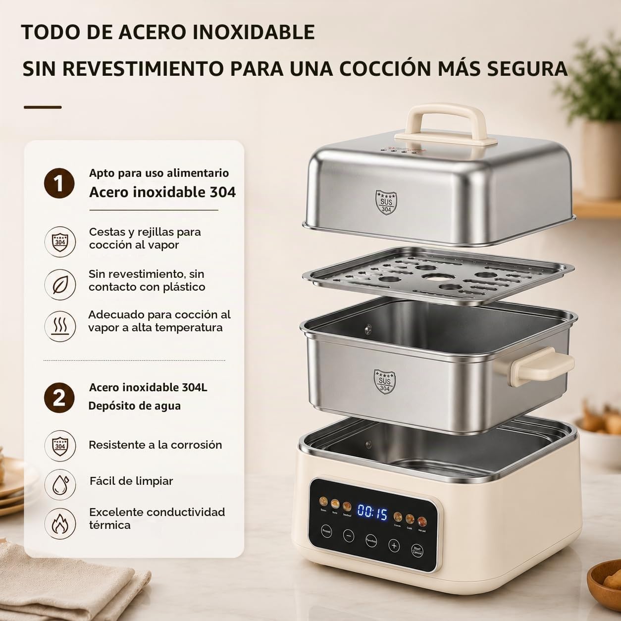 Fulgutonit 12.5L Vaporera Eléctrica de Acero Inoxidable 304 | 2 Niveles, 6 Programas Inteligentes, Temporizador de 24 Horas, Vaporera y Hot Pot 2 en 1, Cocina Multifunción