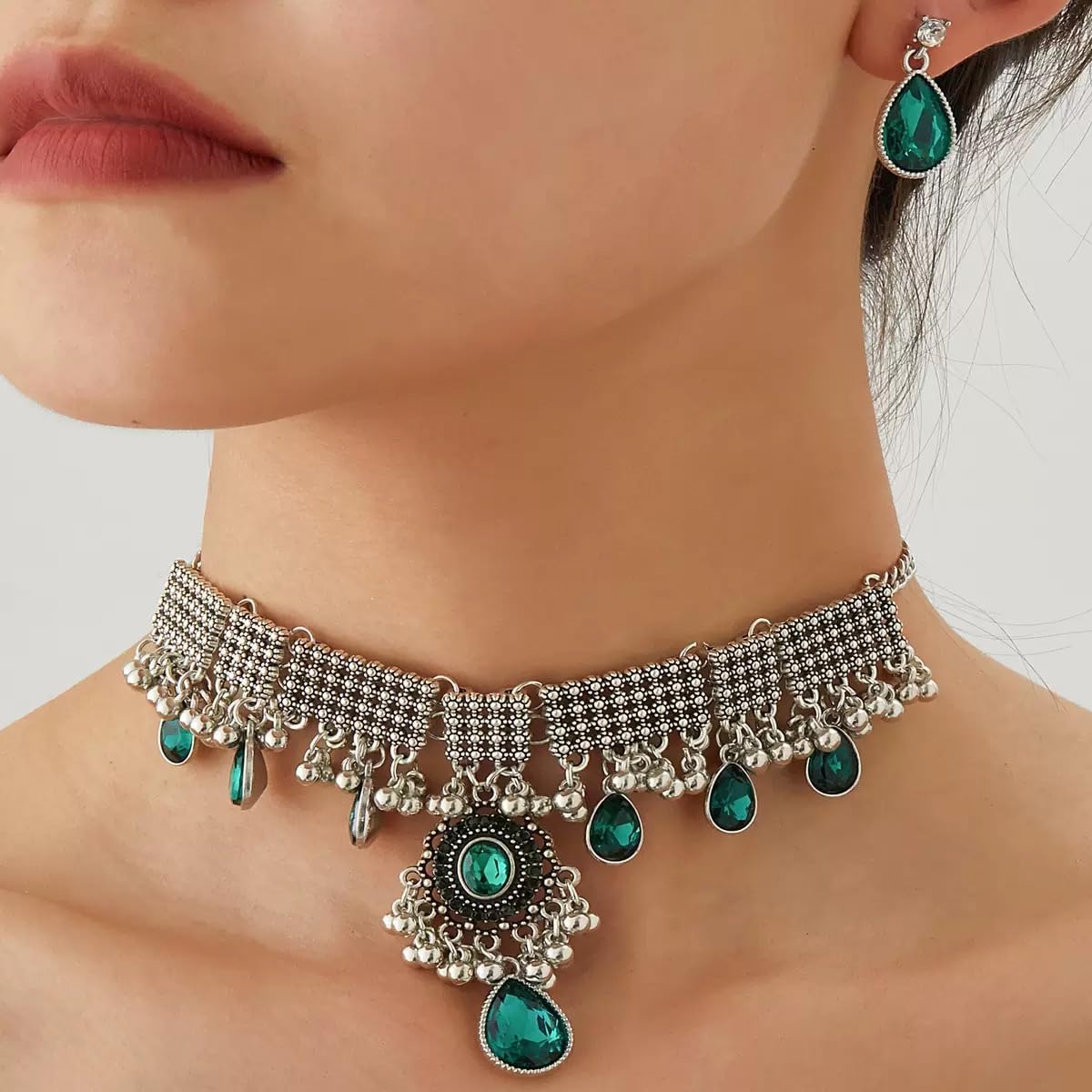Vintage Indian Jhumka Jhumki Tassels Kundan Green Rhinestone Teardrop Necklace Earring Oxidized Silver Ethnic Jewelry Set for Women Crystal Traditional Bollywood Statement Bridal Wedding Prom Costume - Image 2