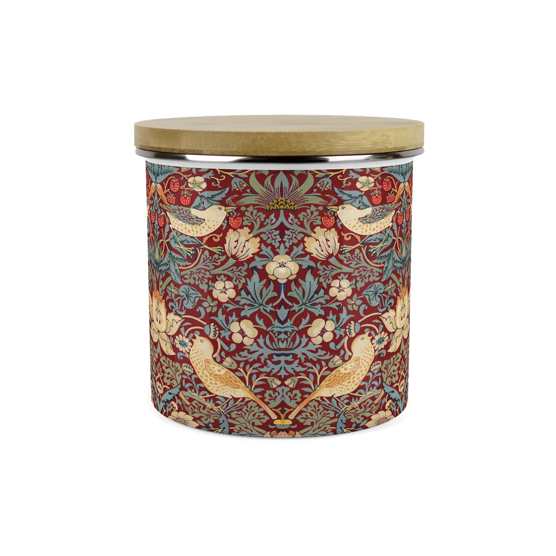 Purely Home Red Strawberry Thief Kitchen Storage Canister - Morris Inspired Floral Tapestry Artwork - Large Enamel Tea/Coffee/Sugar Storage Container