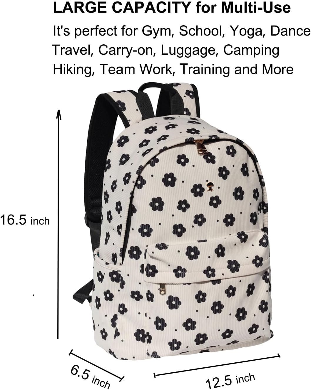 ESVAN Corduroy Original Travel Backpack,Waterproof Suitable for Travel,Gym,Shopping,Yoga,Hiking,Beach (Corduroy Black flower)