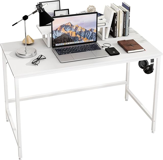 HOMEYFINE Computer Desk Office Desk with Storage Shelf Monitor Stand, Home Office Writing Study Workstation, Wood and Metal, 120 x 60 x 75 cm (White Finish)