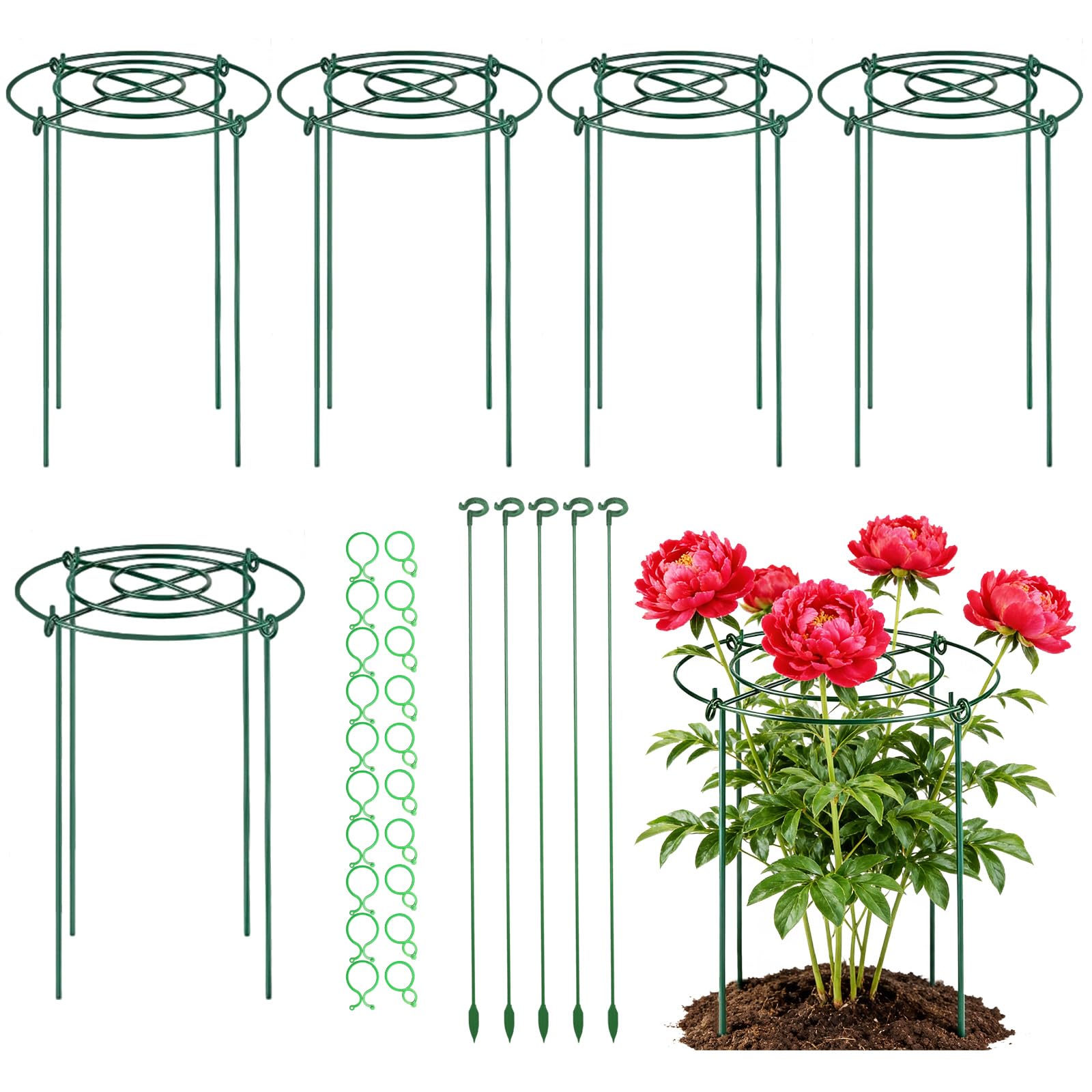 Lot de 10 cages et supports de pivoine en métal avec 20 attaches torsadées pour plantes d'intérieur et d'extérieur, kit de support de plantes pour pivoine, rose, tomate, hortensia