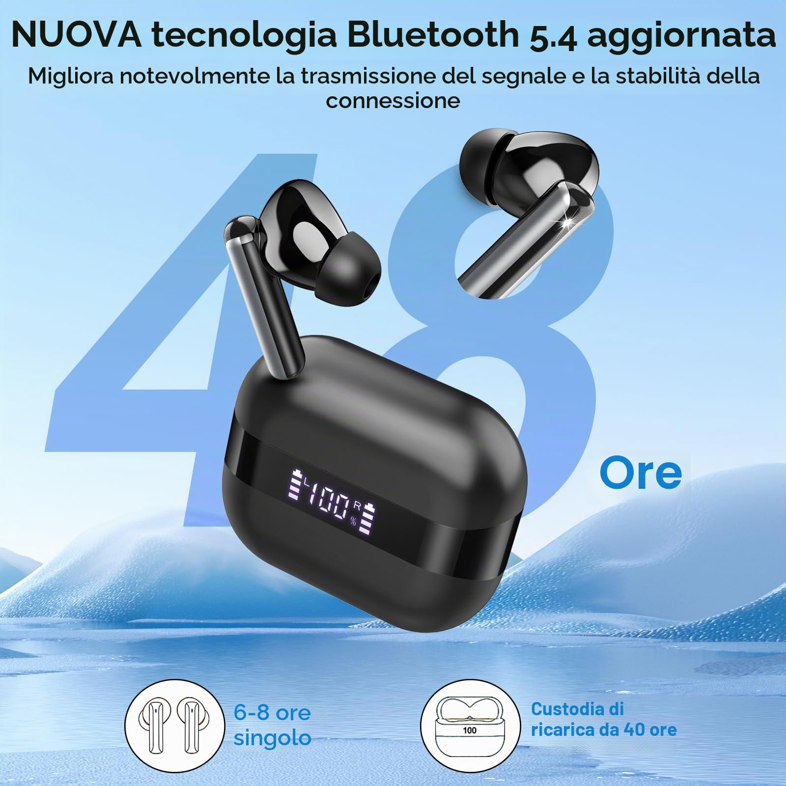 Cuffie Bluetooth, Auricolari Bluetooth 5.4 Stereo HiFi, 48 Ore Cuffie Wireless In Ear ENC Cancellazione Rumore Mic, Cuffiette Sport IP7 Impermeabile, Cuffie Senza Fili USB-C, LED per Androide/iOS
