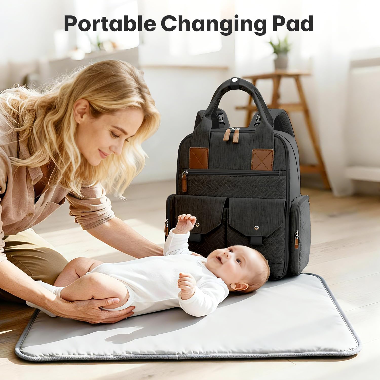 JSTPRO Diaper Bag Backpack - Large Diaper Bag with Portable Changing Pad as Baby Shower Gifts, Lightweight Waterproof Unisex Travel Baby Bag with 4 Insulated Pockets and Stroller Buckles, Black