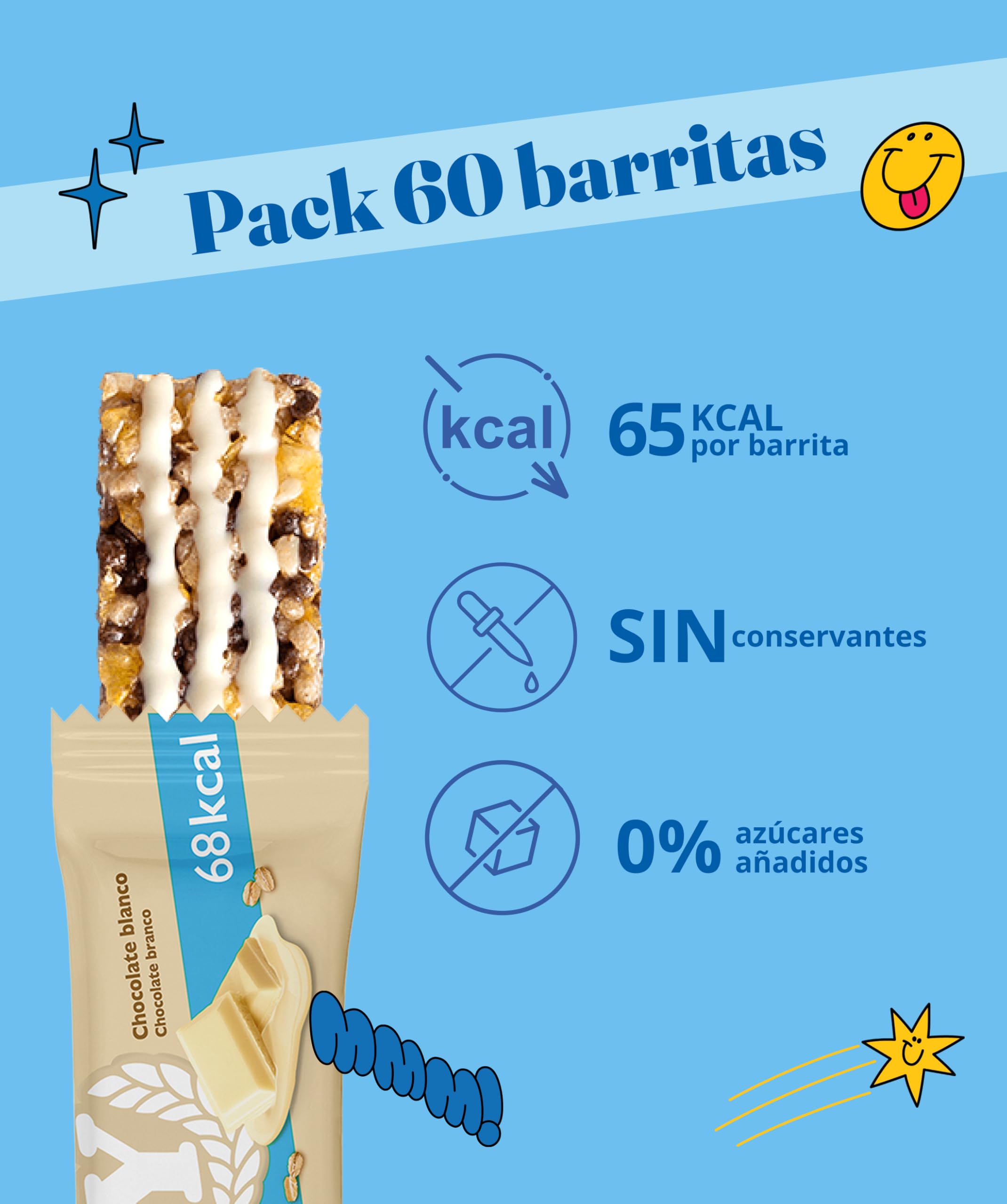 Corny - Barritas de Cereales 0% de Chocolate Blanco, Sin Azúcares Añadidos, Bajo en Calorias y Grasas Saturadas, Fuente de Energía, Fibra y Proteinas, Pack de 10 (60 unidades), 6x20 g