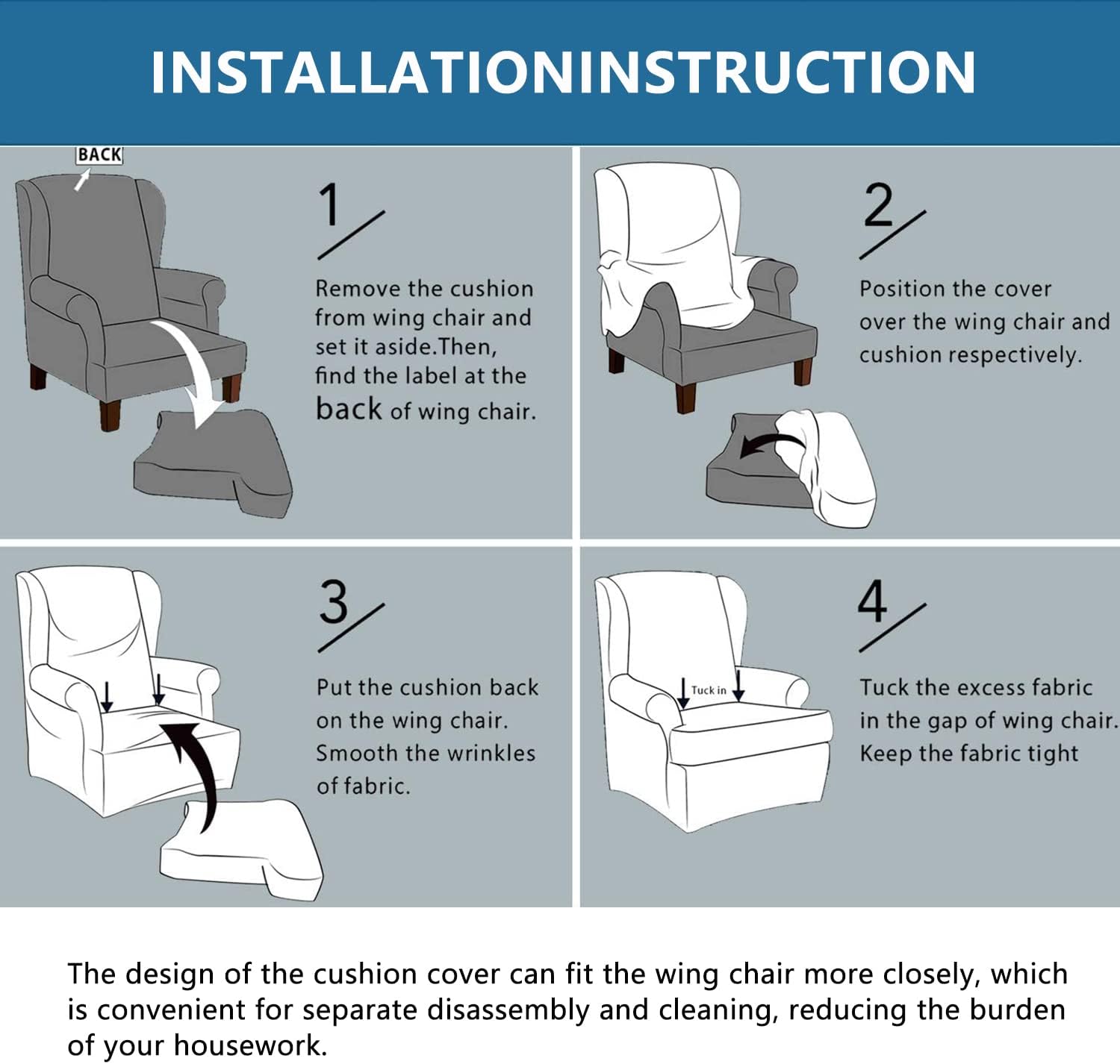 Water Resistant Wingback Chair Sofa Slipcover, Non-Slip Sofa Cover Waterproof Armchair Slipcover Small Checked Jacquard Fabric Furniture Protector-4