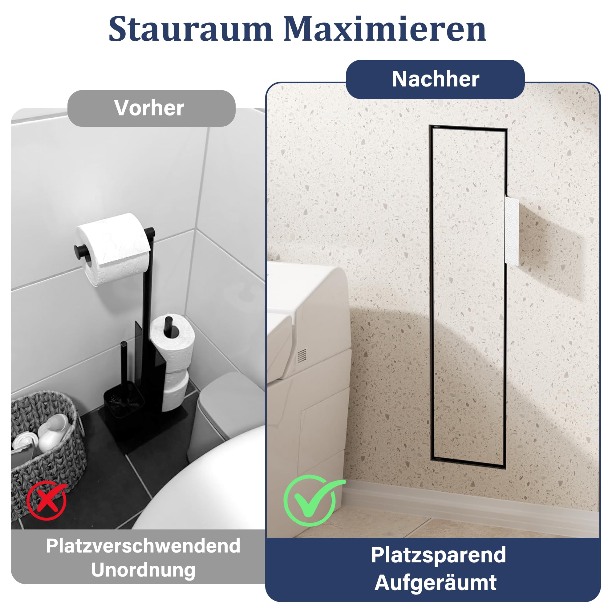 Unterputz Toilettenpapierhalter Edelstahl 304 mit Befliesbarer Tür, Schwarz