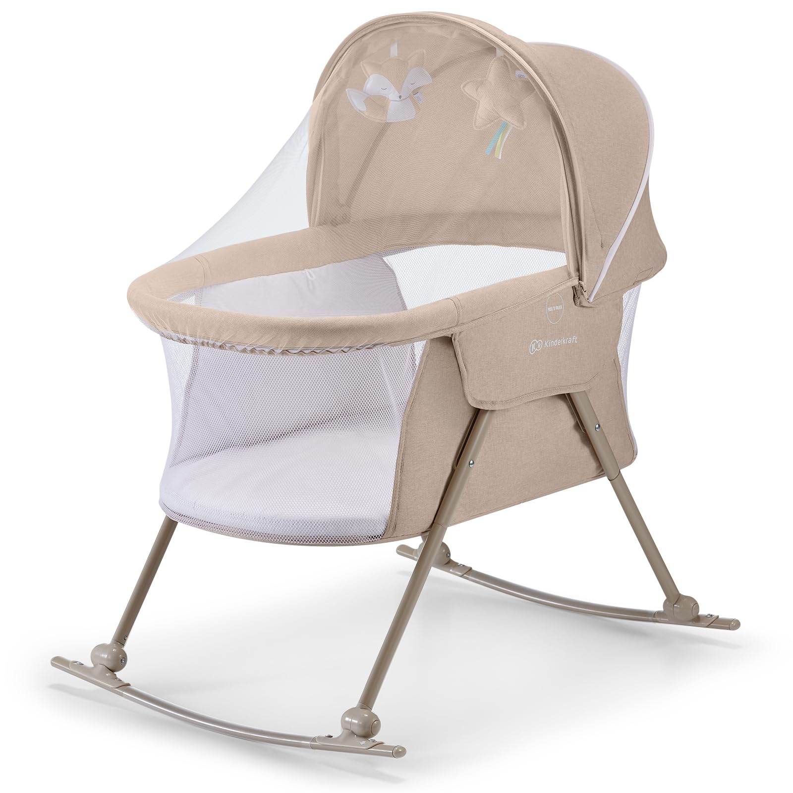 Kinderkraft LOVI Travel Bassinet for Baby, Portable Folding Baby Bed with Built-in Mosquito net, Adjustable Hood and an Additional Cradle Function, Beige