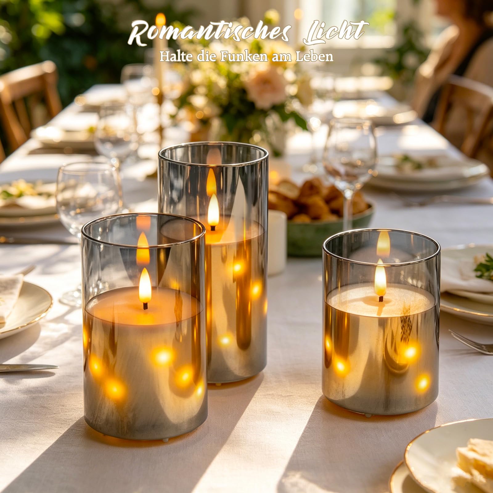 Velas recargables de cristal gris sin llama con mando a distancia y temporizador, velas LED de mecha 3D, luces de hadas incrustadas, cera real, paquete de 3 unidades para decoración del hogar