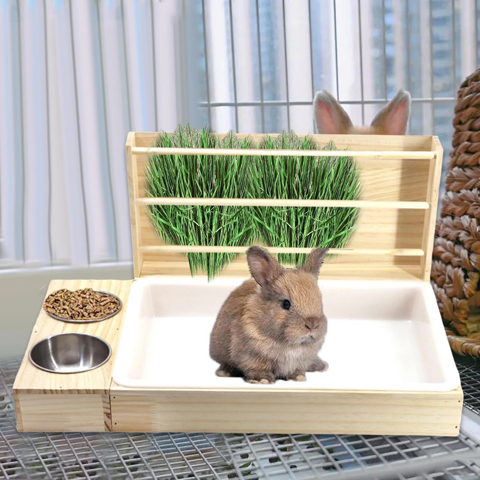 Râtelier à Foin en Bois, Mangeoire à Foin 3 en 1 pour Lapin, Distributeur de Foin pour Lapin avec Bols, Accessoire pour Cage, Bac à Litière, Cochon d'Inde, Mangeoire pour Gerbille, Hamster Nain