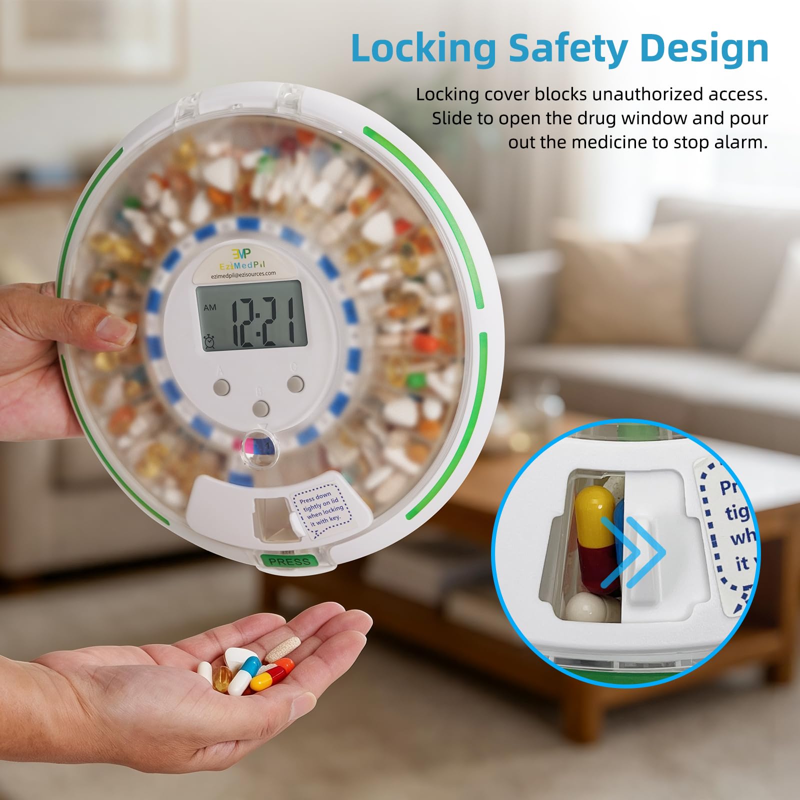 EziMedPil - Dispensador automático de pastillas con alarma, sonido y luz, hasta 6 alarmas/día, 6 plantillas de dosificación, pantalla Ezi-Read, tapa esmerilada y dispensador de medicamentos bloqueado