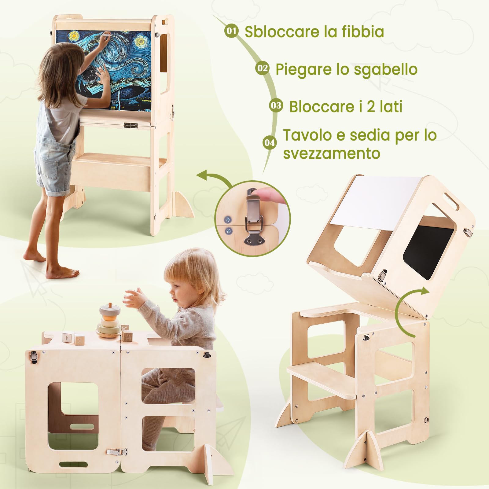 Torre Montessoriana Bambini da 1 Anno, 4 in 1 Torre Montessoriana Pieghevole per L'Apprendimento in Piedi, Torre Montessori con Lavagna e Lavagna Bianca, Regalo per Bambini e Bambine da 1 a 3 Anni