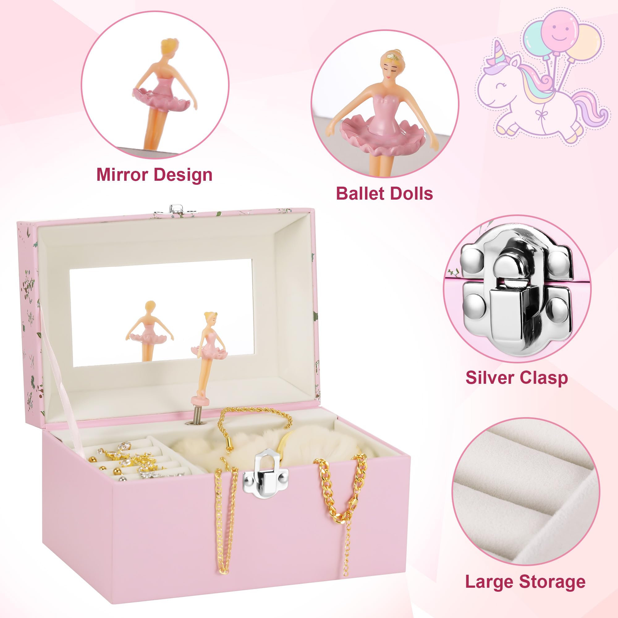 Joyero Musical Niña, Caja de Música con Bailarina Giratoria y Espejo, Joyero Musical Bailarina para Niñas 3-10 Años, Caja de Música Infantil Regalo, 18x12x10cm, Rosa