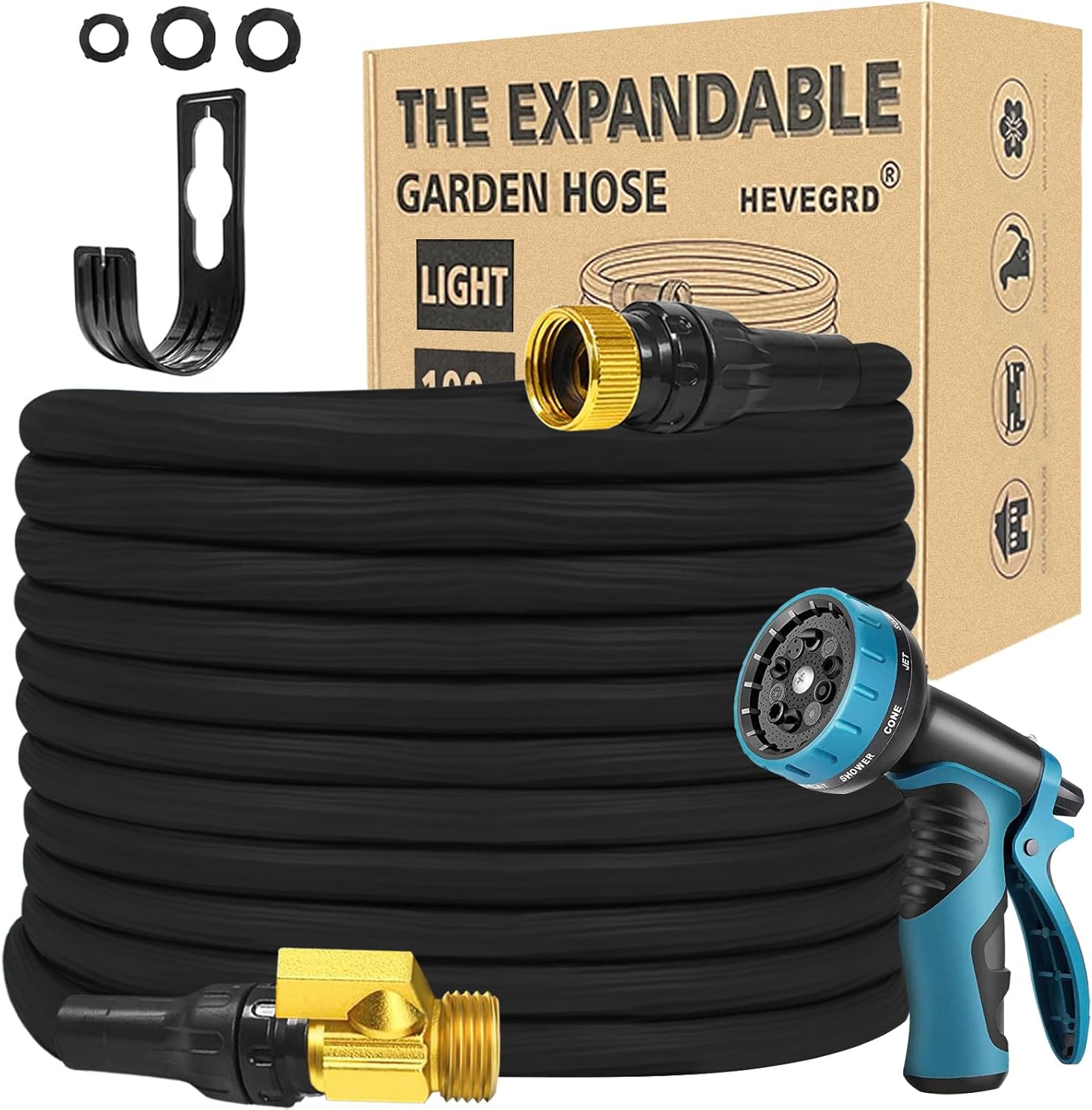 Expandable Garden Hose 100 FT Garden Hose Water Hose with 60 Layers of Innovative Nano Rubber, Lightweight, No-Kink, Retractable Flexible Hose with 10 Functions Spray Nozzle, Black Blue