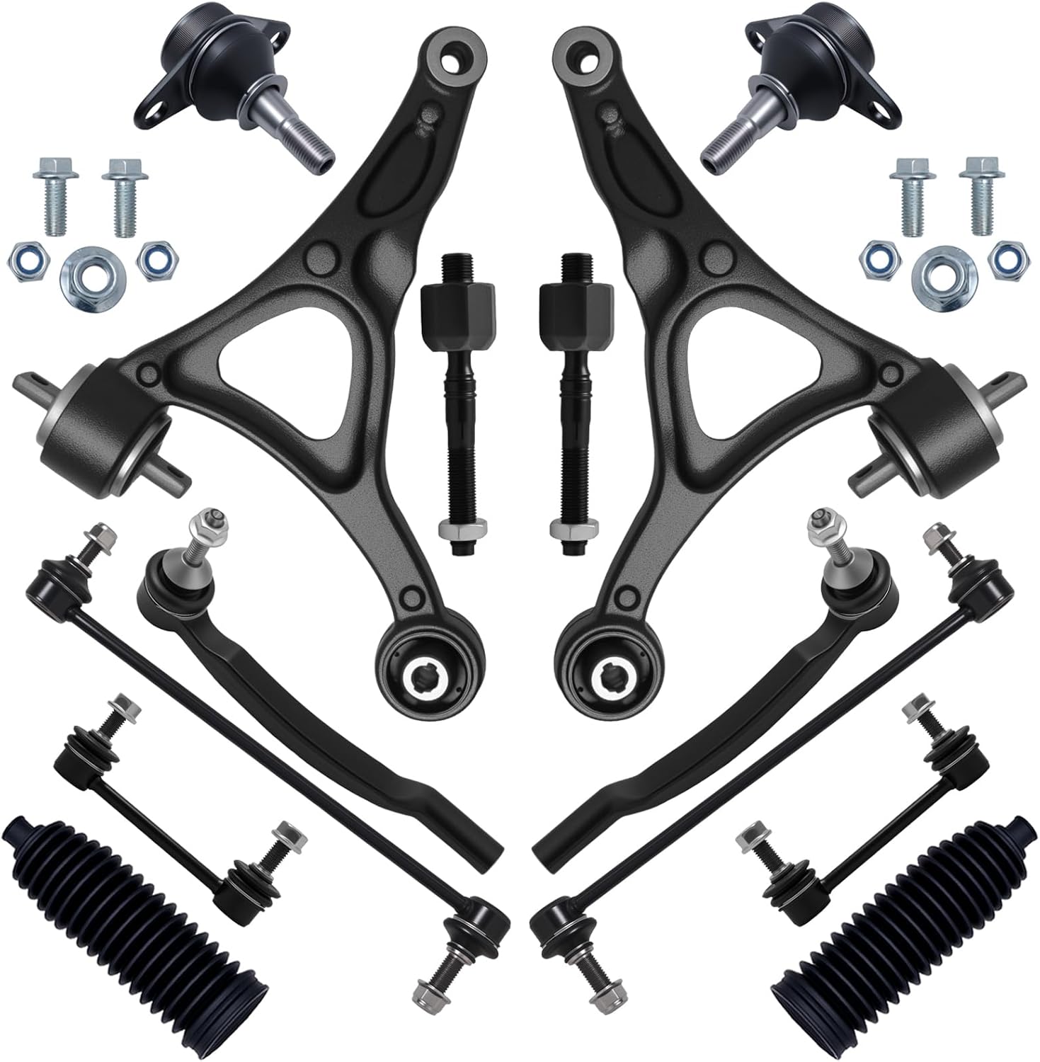 14Pcs Front End Suspension Kit Fit For 2003-2014 Vo-lvo XC90, 2 Lower Control Arm 2 Ball Joint 4 Sway Bar Link 4 Outer & Inner Tie Rod End (# K640446 K80501 EV800043 ES800857 K500153 K80425) 12Ps (For 03-14 XC90)
