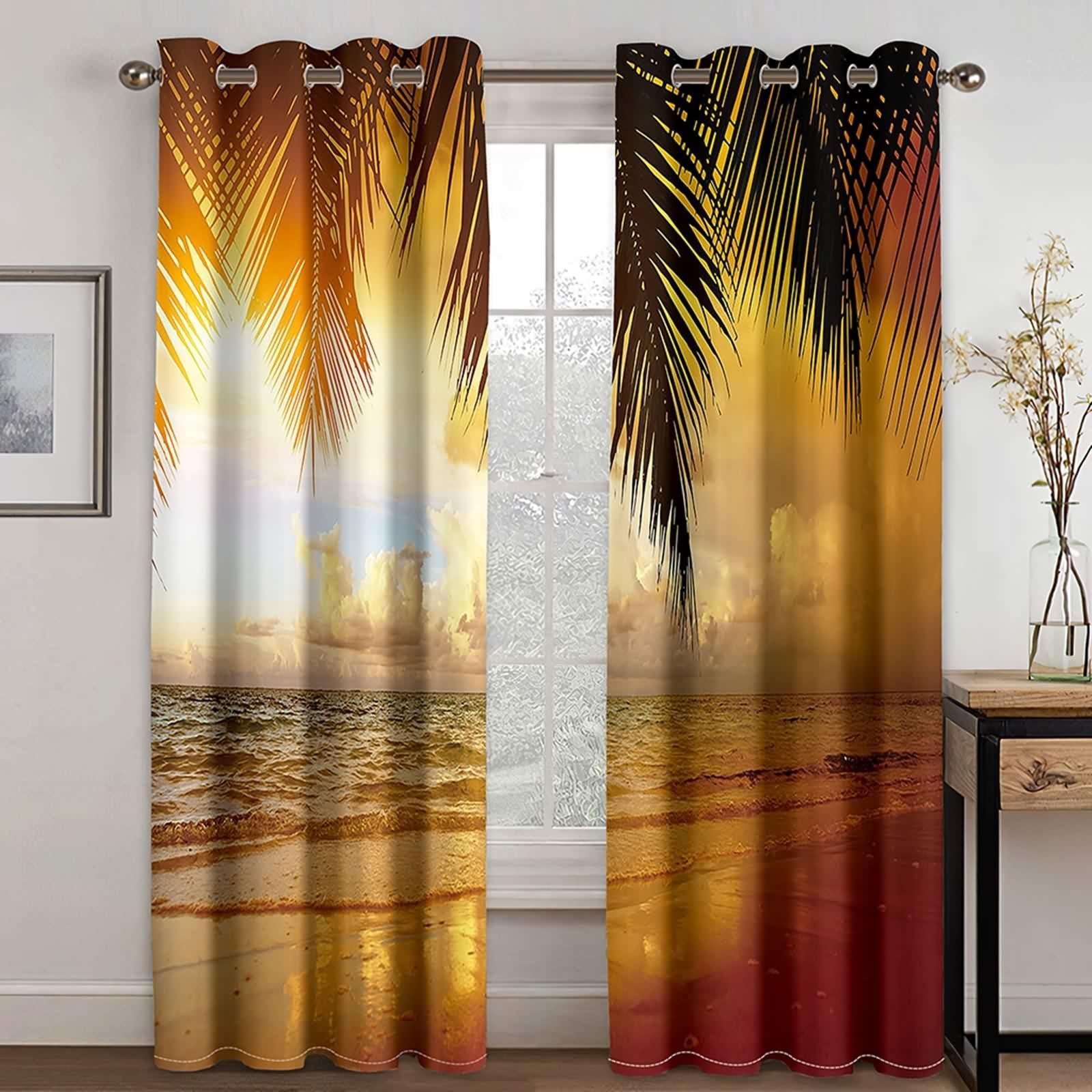 Rideau Anniversaire, Rideaux de La Cuisine Moderne Marron Orangé Polyester Paysage Marin avec des Feuilles de Palmier 244L x 274H CM Lot de 2