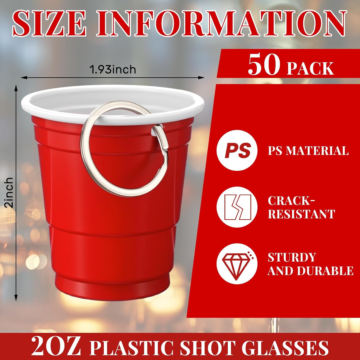 Reallnaive 50 Sets Shot Glass with Keychain 2 oz Plastic Mini Red Shot Glass Accessories Disposable for Party Tastings Eventsparty Carnival Bachelorette Birthday Wedding Festival Party Favor