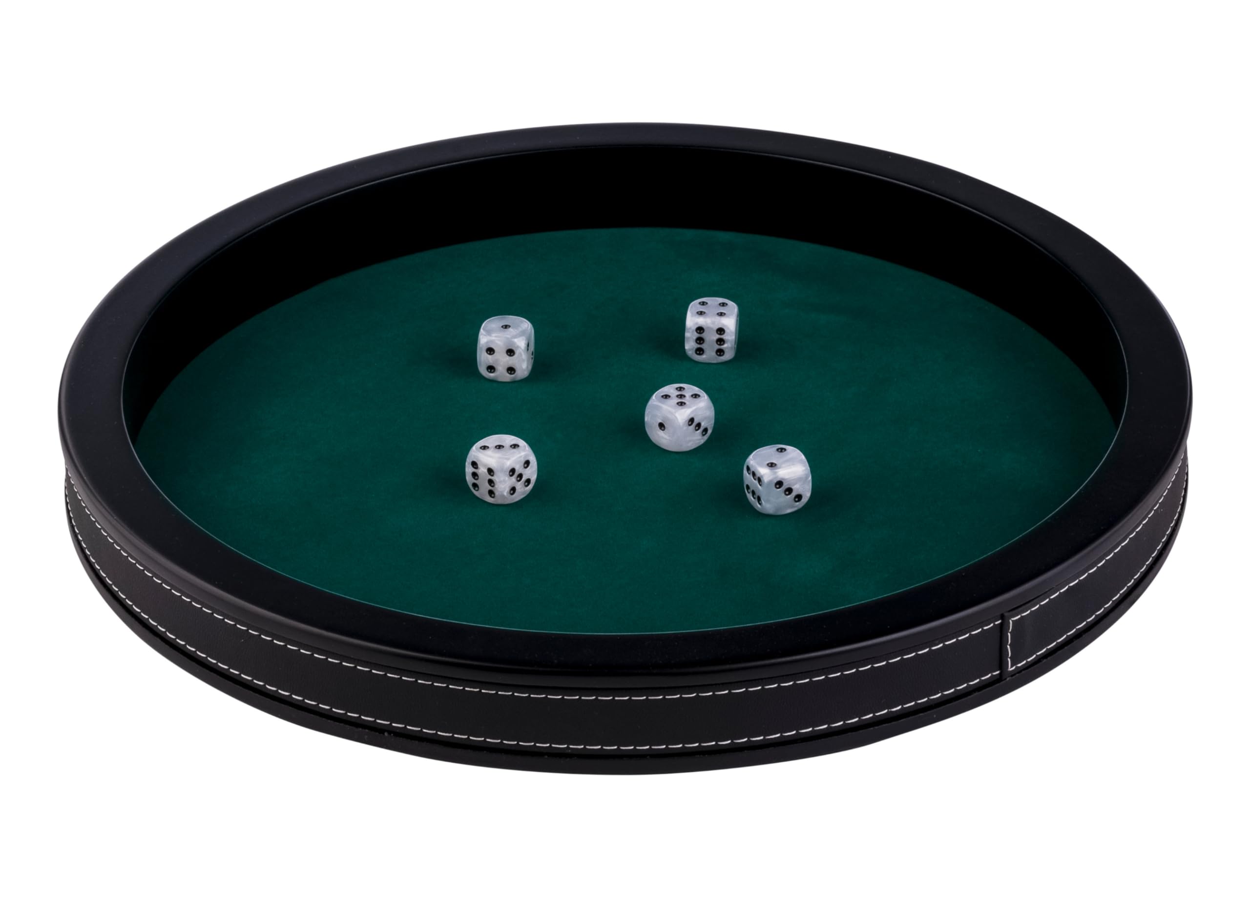 Engelhart-300801, Poker Table Tray Round 34 cm Luxury, Black Faux Leather, Inlaid Green Felt, Raised Edges, 5 Dice Included