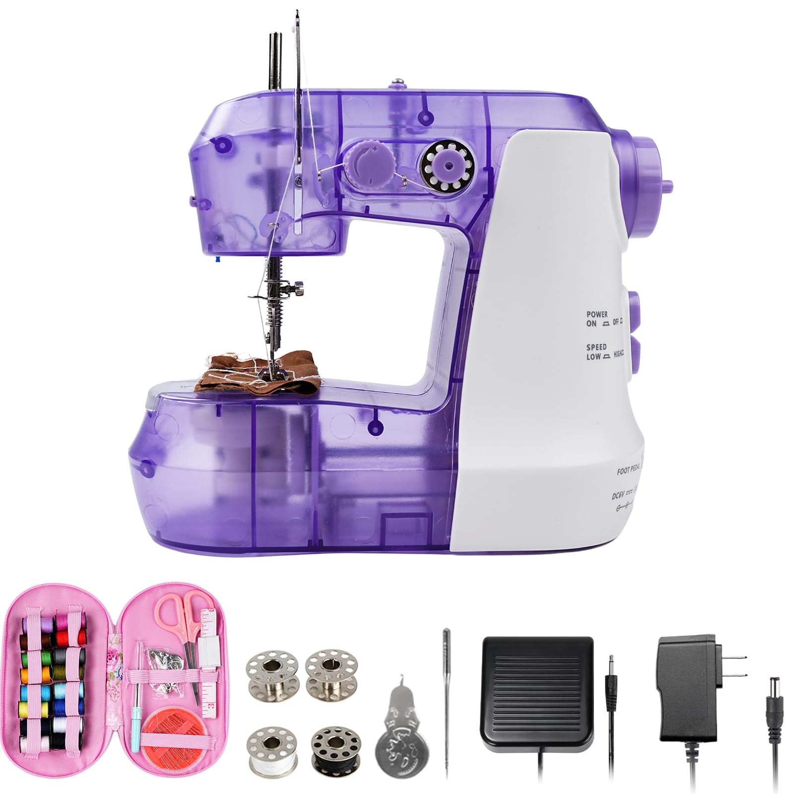 717 Mini máquina de coser para principiantes con video tutorial, máquina de coser eléctrica completa automática para niños con pedal y kit de costura de 26 piezas, 2 velocidades (morado)