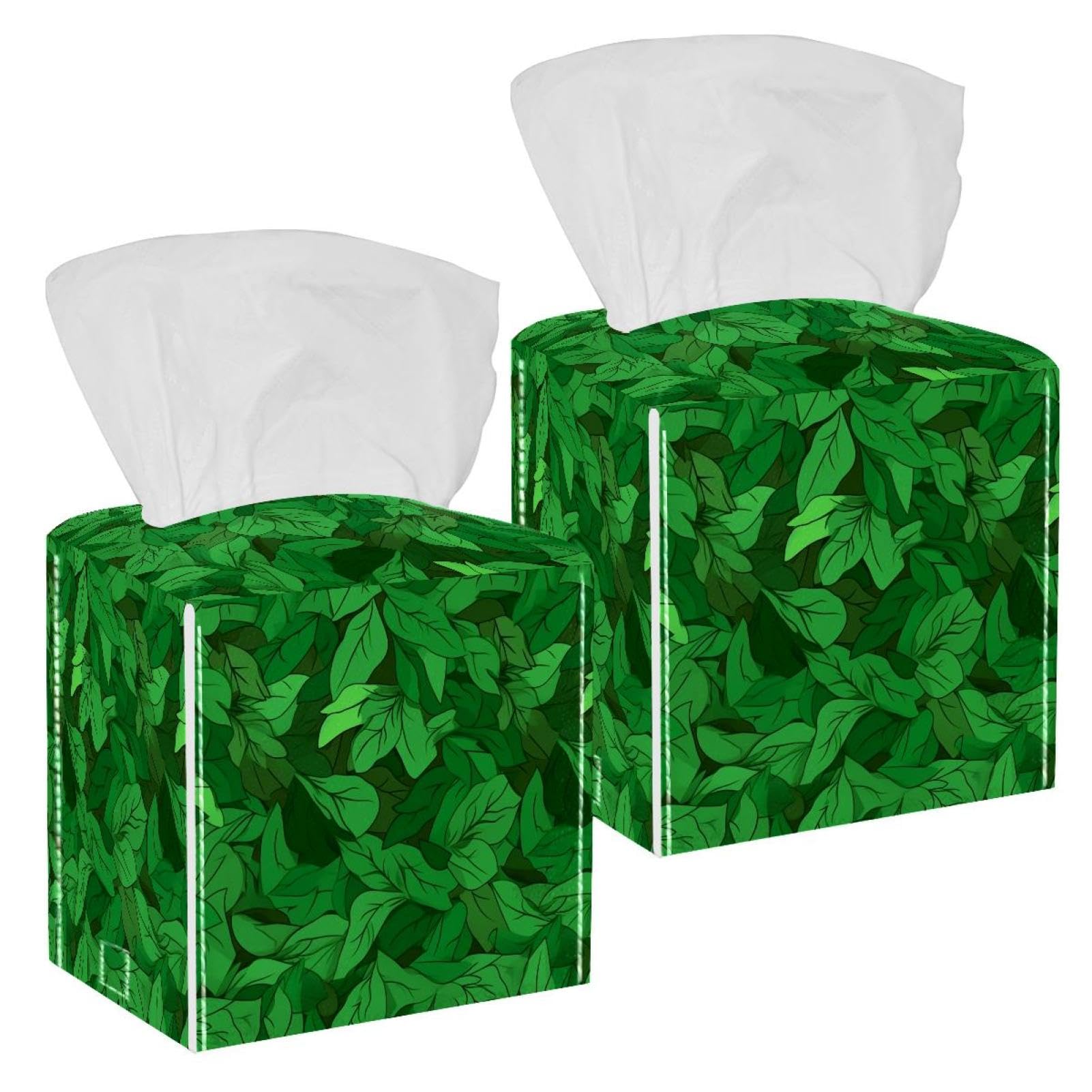 Artistic Leaves Tissue Box Cover, 2 Pack PU Leather Square Facial Tissue Dispenser Box holder for Home Office Car