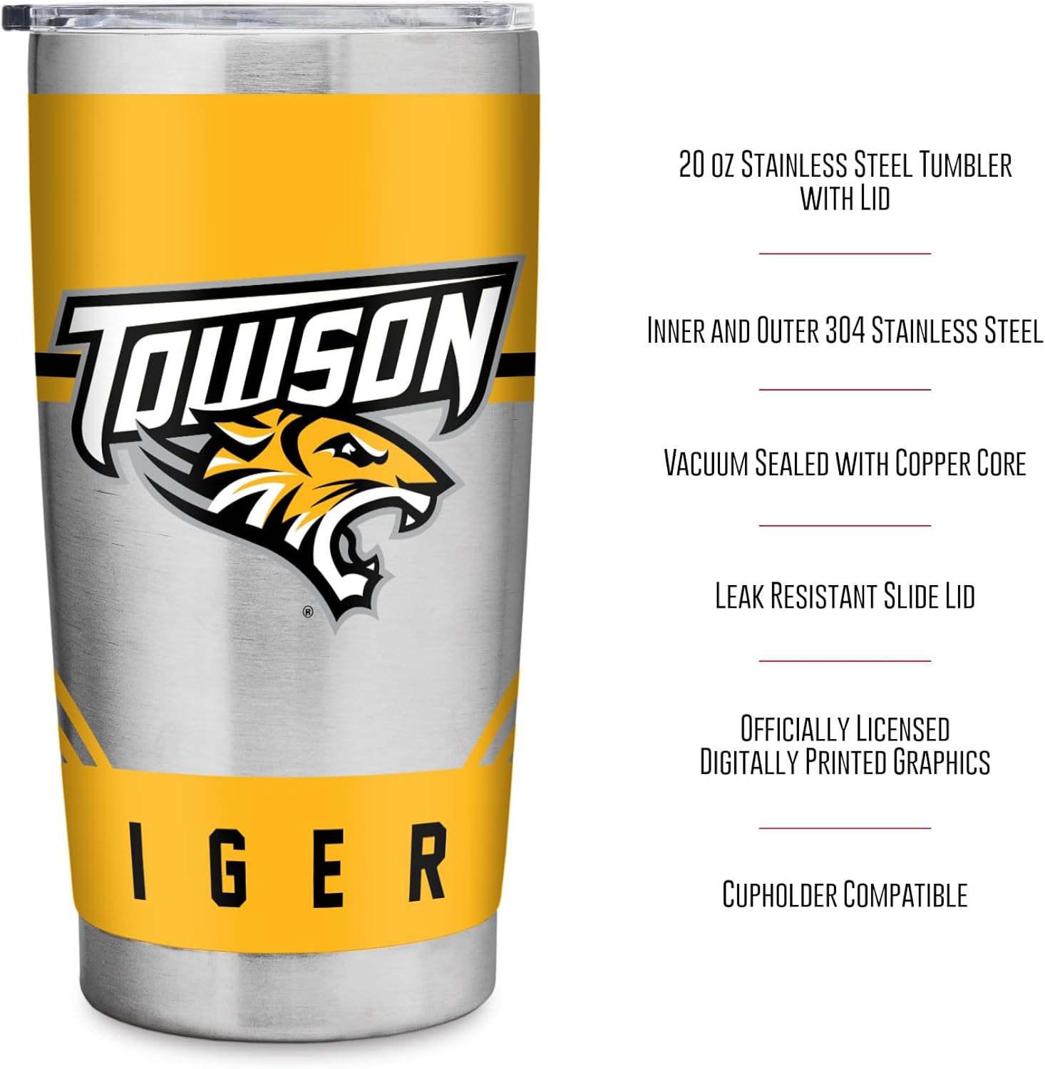 Rico Industries NCAA Towson Tigers Standard 20oz Stainless Steel Tumbler with Lid - Great For Coffee, Tea, Water or Cocktails