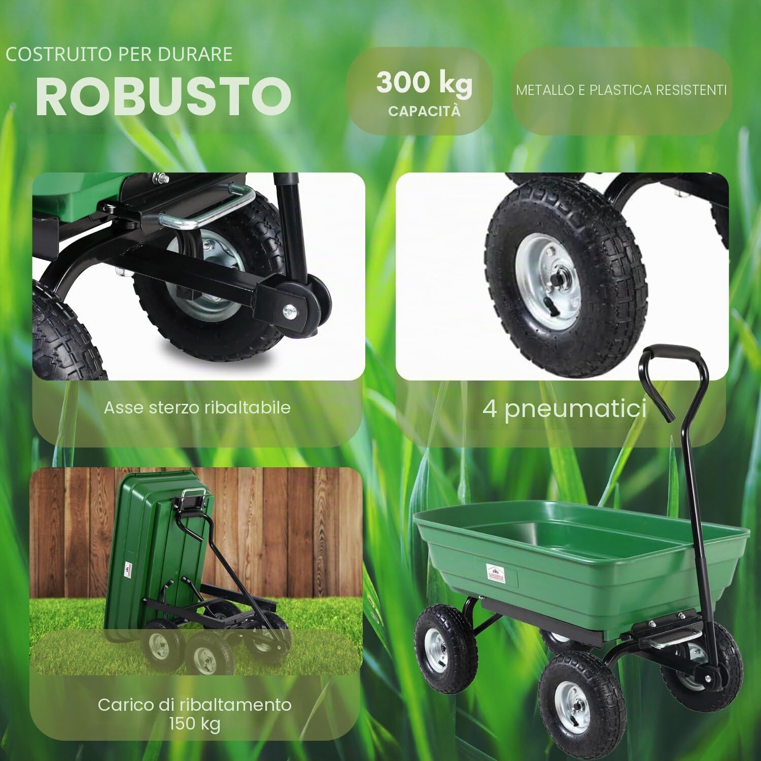 GARDEBRUK® Carrello da Giardino Max. 300kg Cassone Ribaltabile Funzione Inclinazione Cariola Giardinaggio
