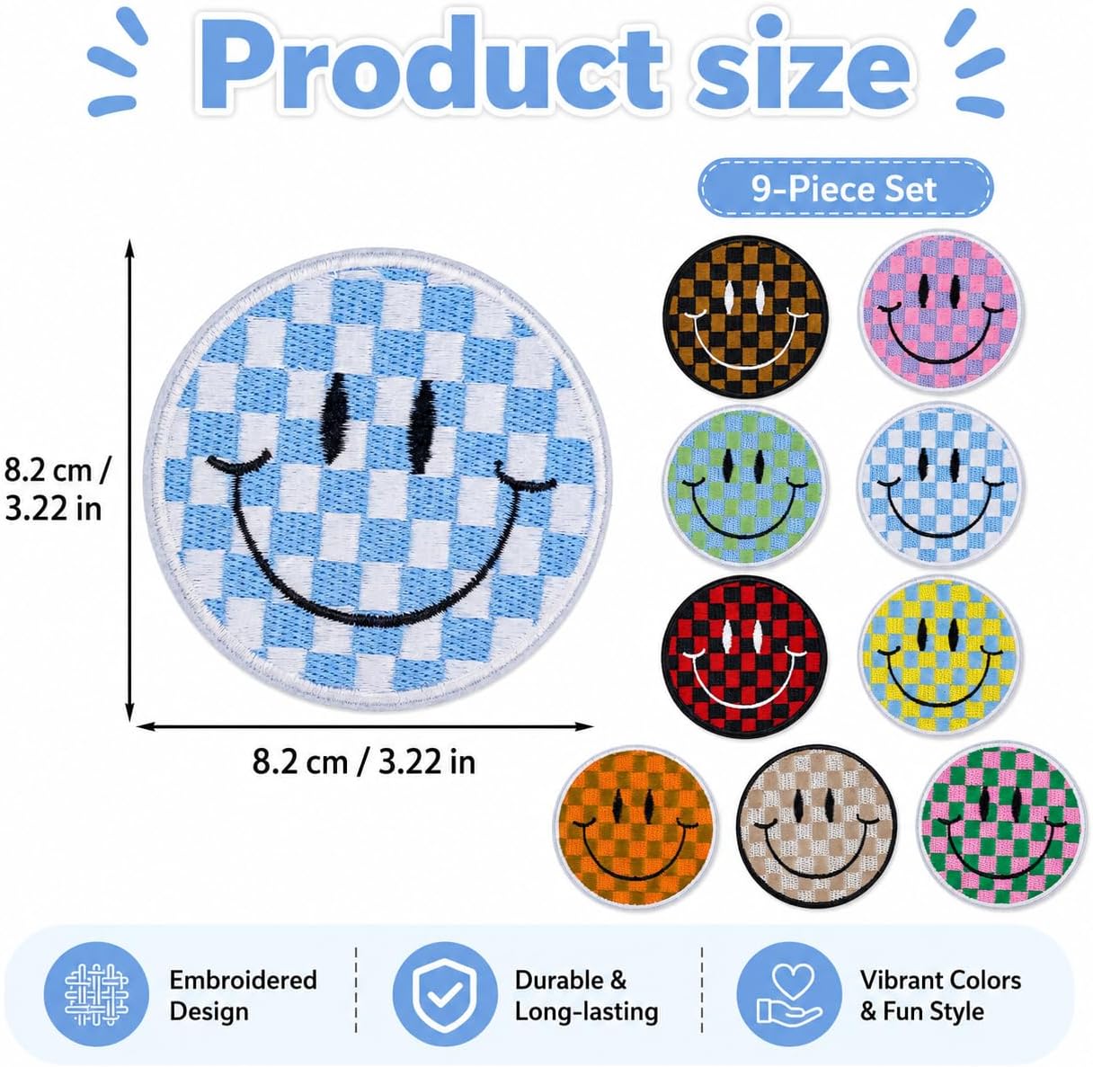 9PCS Checkered Iron On Patches Smiley Face Large Happy Smile Embroidered Appliques Preppy Y2K Aesthetic Checkerboard Sew On Patches for Clothing Jackets Jeans Trucker Hats Backpacks Repair DIY Decor image 2
