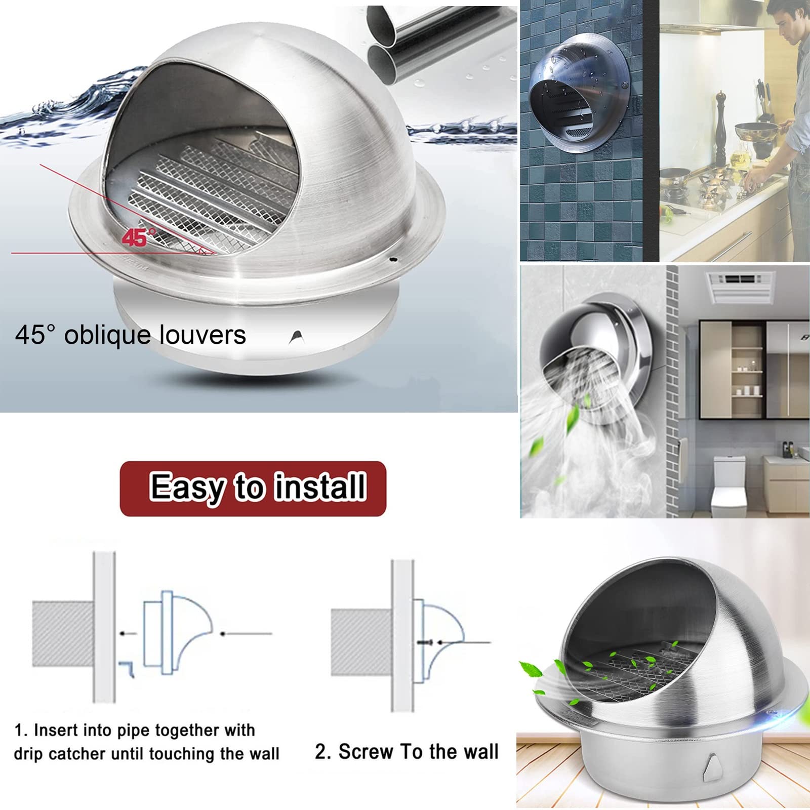 Griglia Di Ventilazione A Sfiato Esterno Da 100 125 160 200mm, Griglia Di Protezione Dalle Intemperie, Cappuccio Rotonda In Acciaio Inox, Per Cucina Bagno Sfiato Asciugatrice Cappa Aspirante