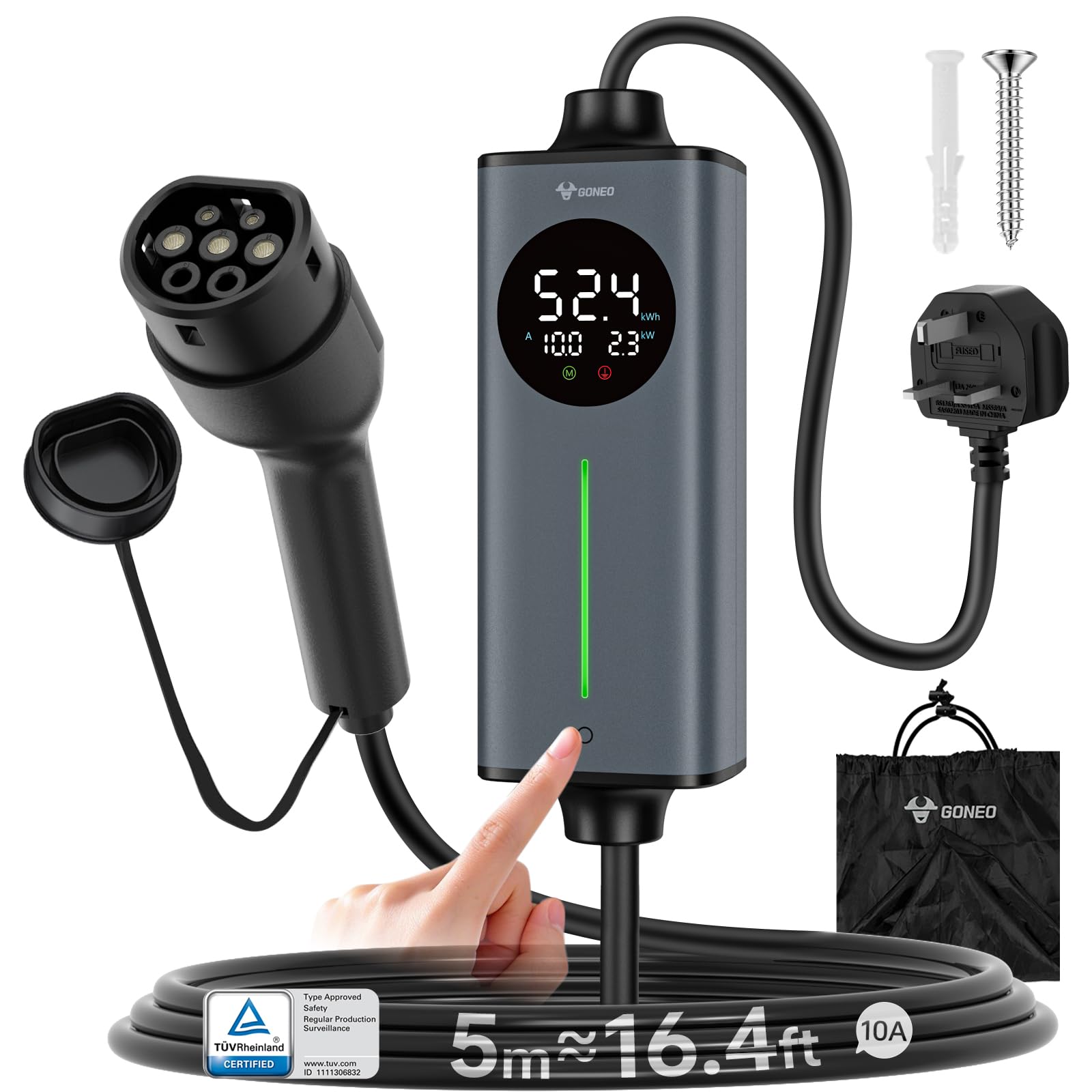 GONEO Portable EV Charger 5M, 3-Pin UK Plug to Type 2 | Temperature Monitor,AC 30mA+DC 6mA Leakage & Earth Protection | 10A 2.3kW Electric Car Charging Cable for Home/Travel,Adjustable Current & Timer