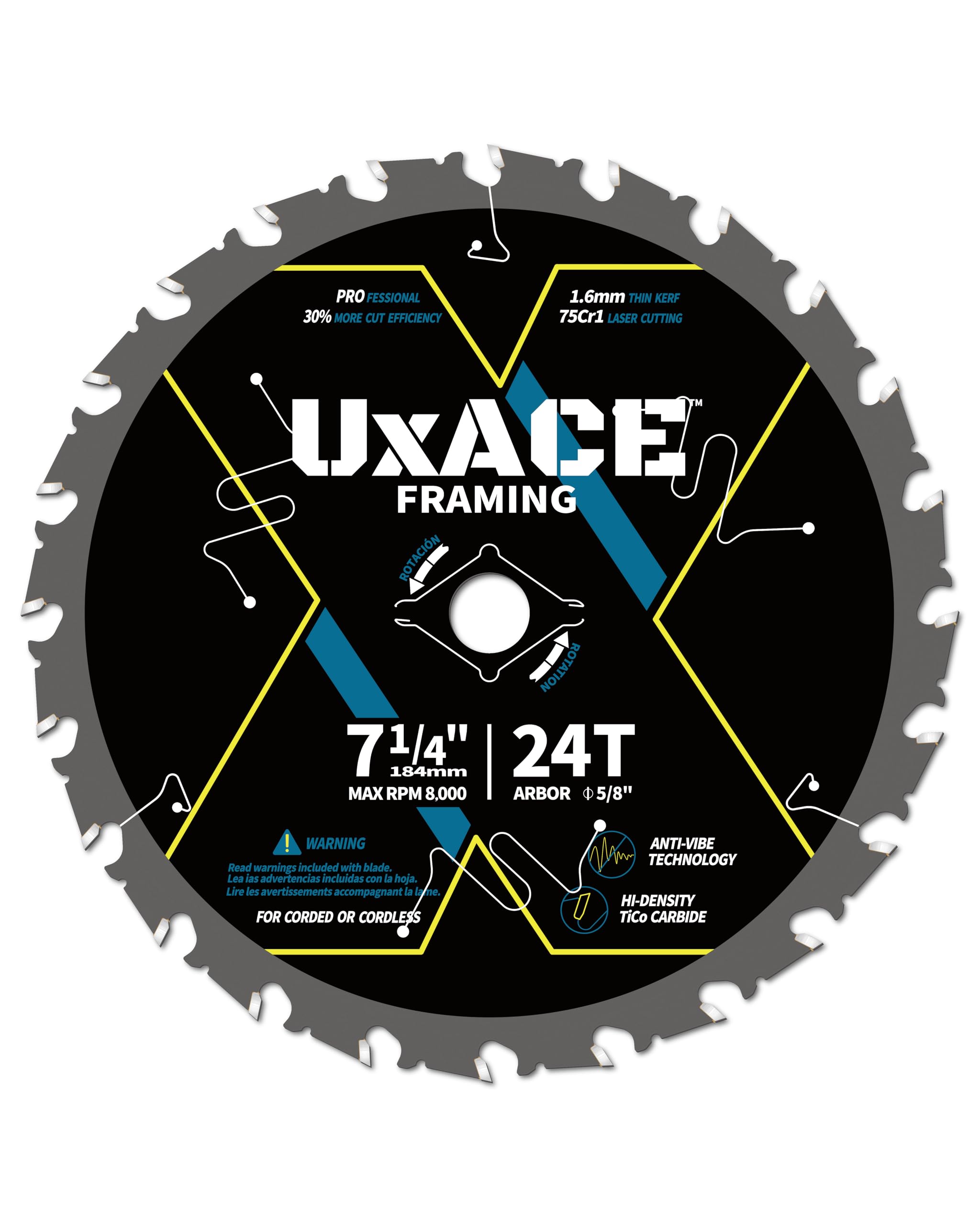 UXACE 7-1/4-Inch 24-Tooth Circular Saw Blade with 5/8-Inch Arbor, Framing Wood Cutting, Carbide Tip, Thin Kerf, for Plywood, MDF, OSB, Laminated