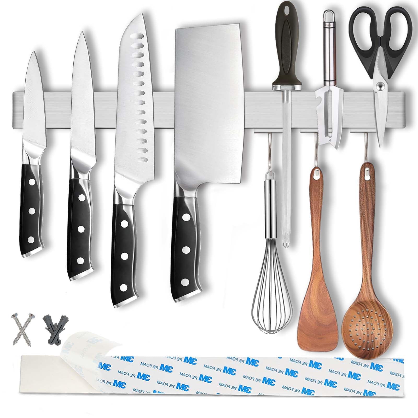 17.5" Magnetic Knife Holder for Wall with Hooks - No Drill Adhesive Mount - 304 Stainless Steel Knife Magnetic Strip