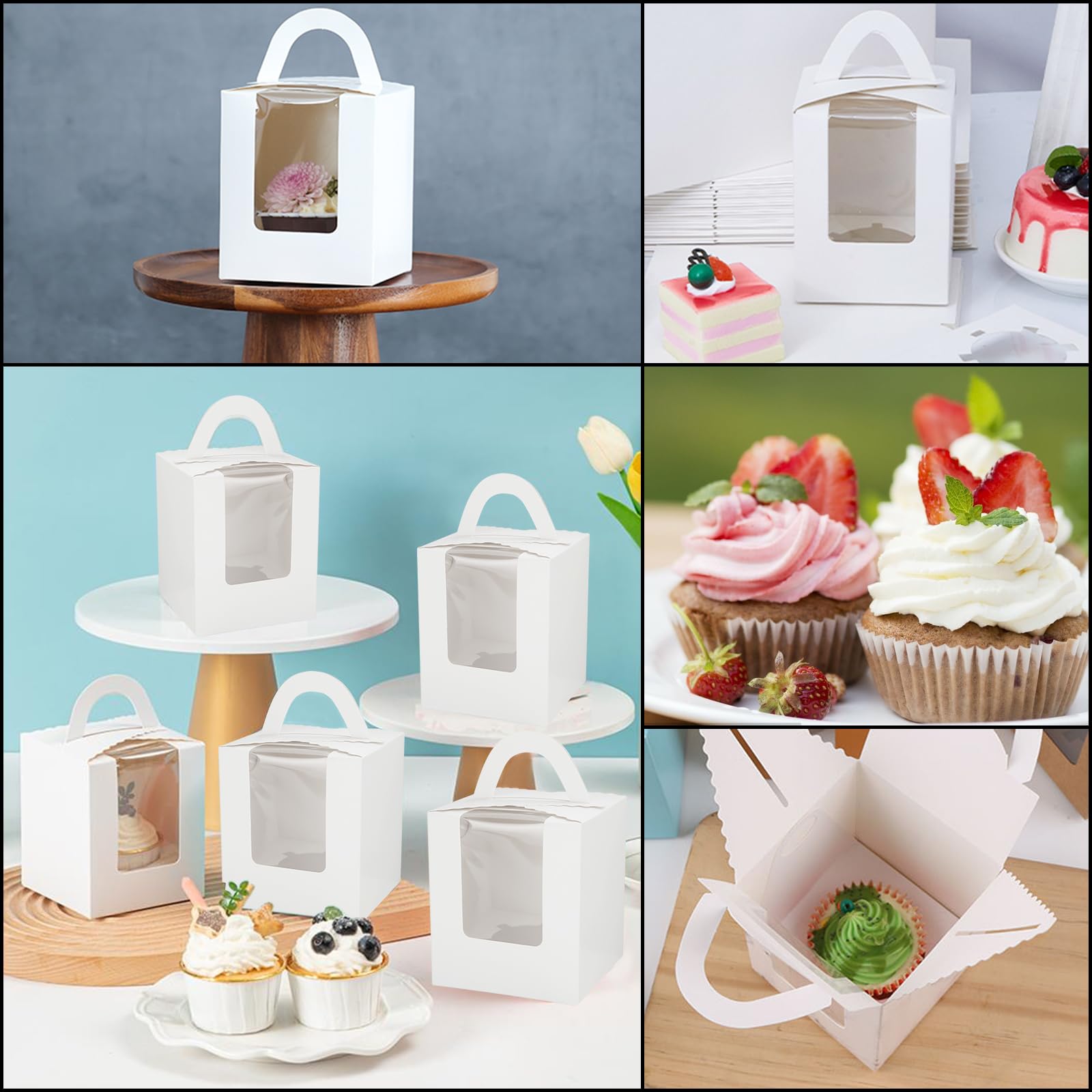 APACALI 100 Scatole Per Cupcake Singole Con Finestra, 9,5 Cm, Con Inserti E Adesivi, Bianche - 5